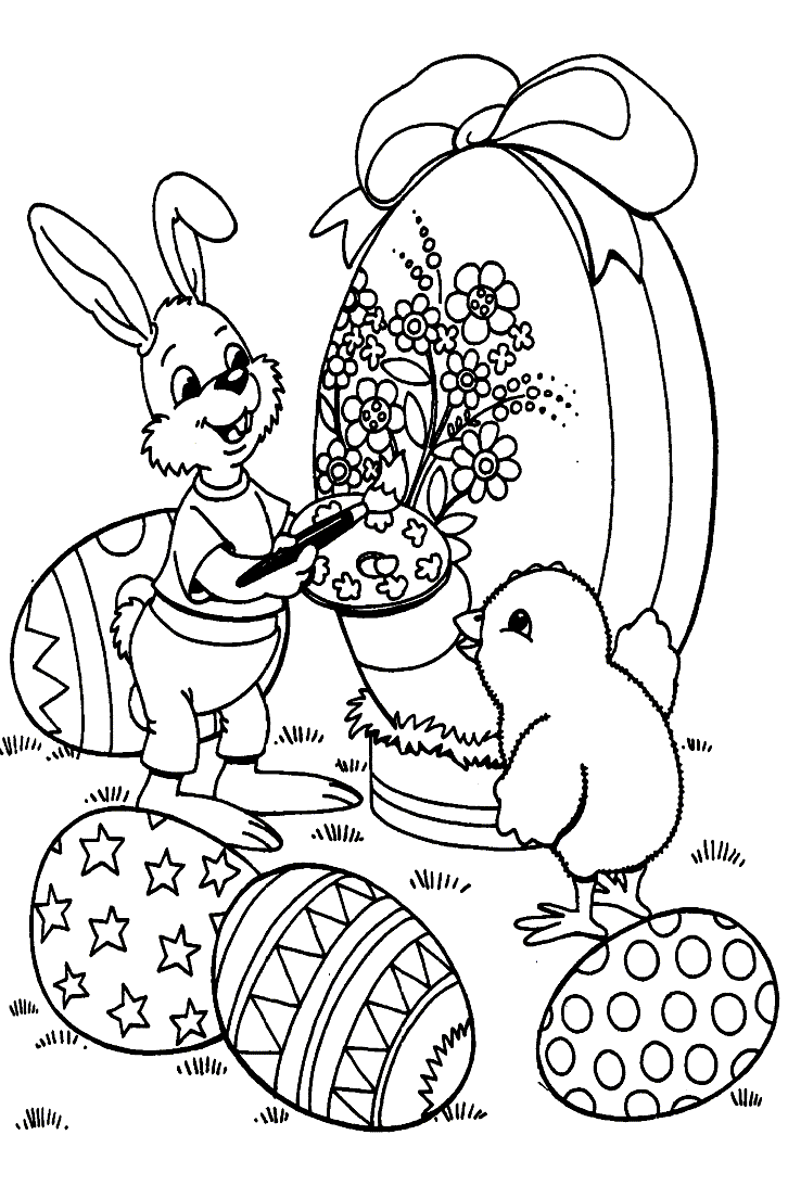 Coloração simples de um coelho e de um pinto pintando ovos
