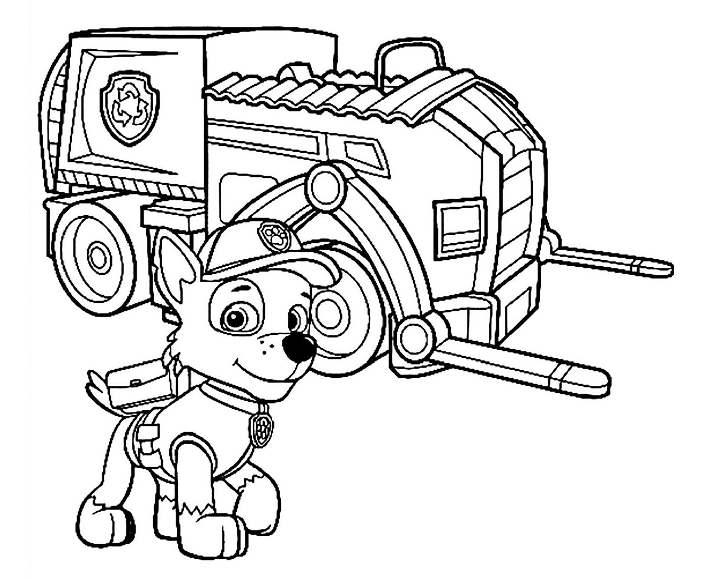 Páginas simples de coloração PAW Patrol para crianças: Super equipamento com Rocky