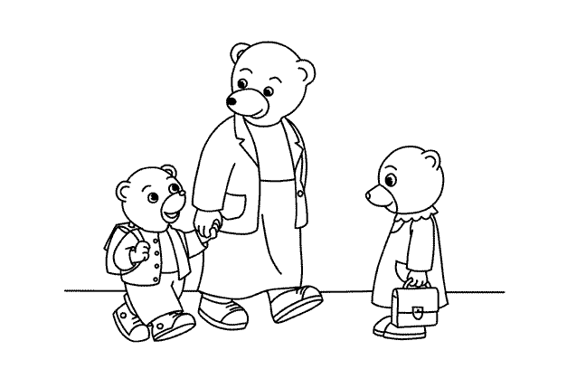 Pequeno urso marrom está feliz por ir à escola com a sua mamã, encontra os seus amigos e brinca com eles!