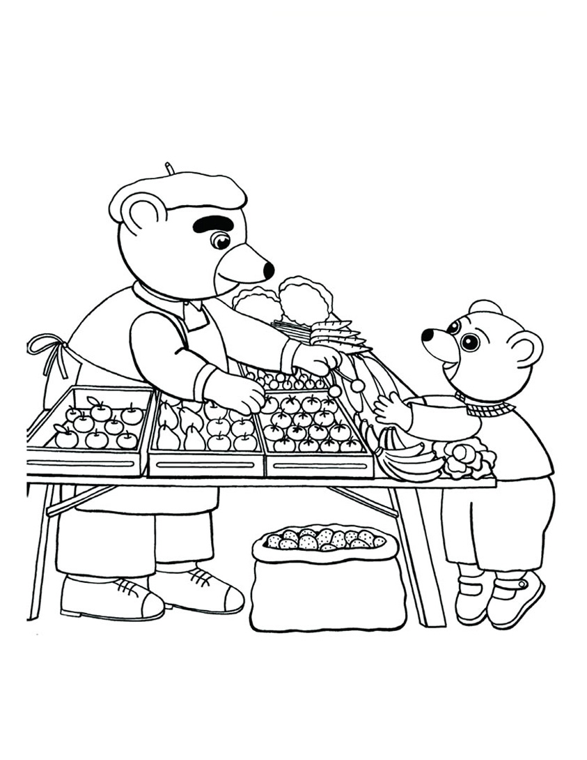 No mercado da aldeia, Pequeno urso marrom gosta de comprar fruta e legumes, assim aprende a contar No mercado da aldeia, Pequeno urso marrom gosta de comprar fruta e legumes, assim aprende a contar