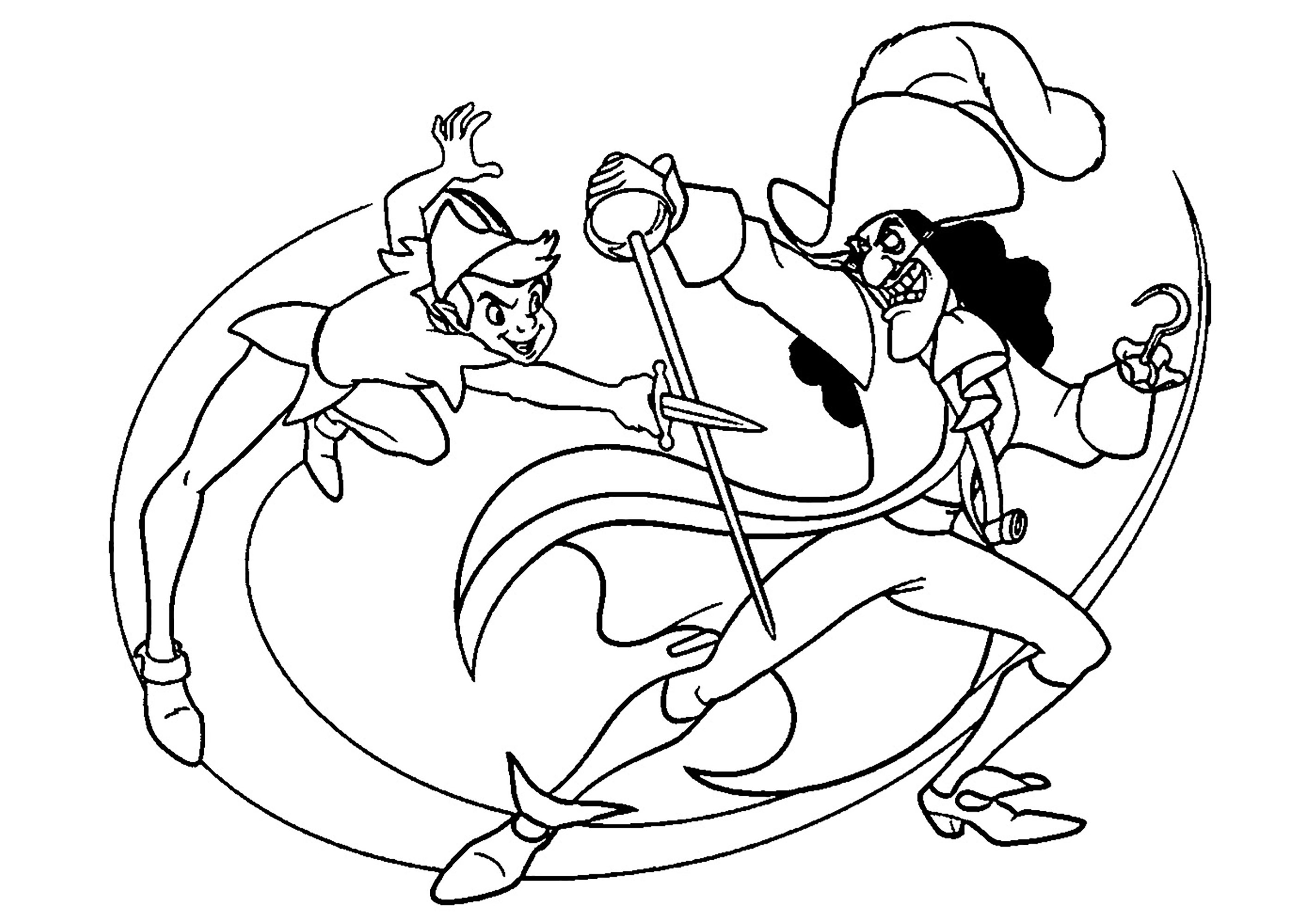 Luta de espadas entre Peter Pan e o Capitão Gancho