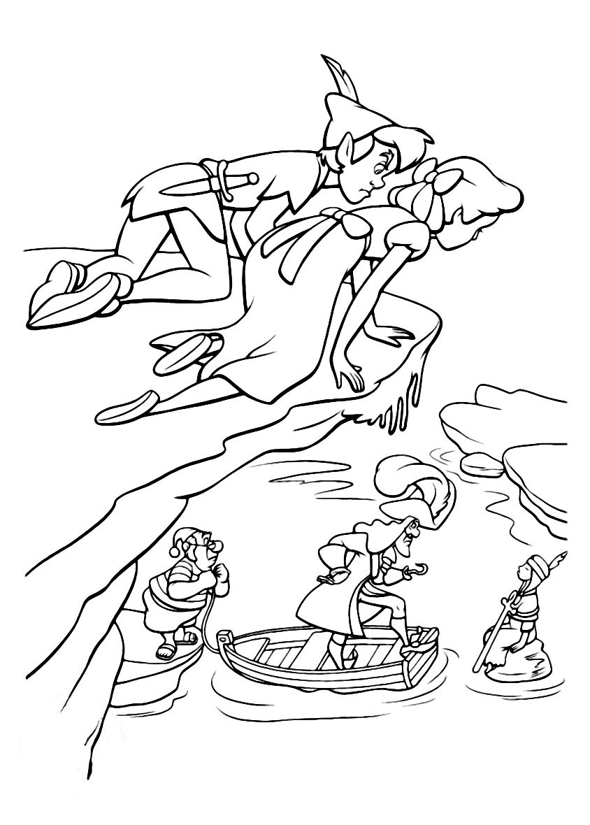 Página para colorir de Wendy e Peter Pan a espiarem o Gancho e o Sr. Smee