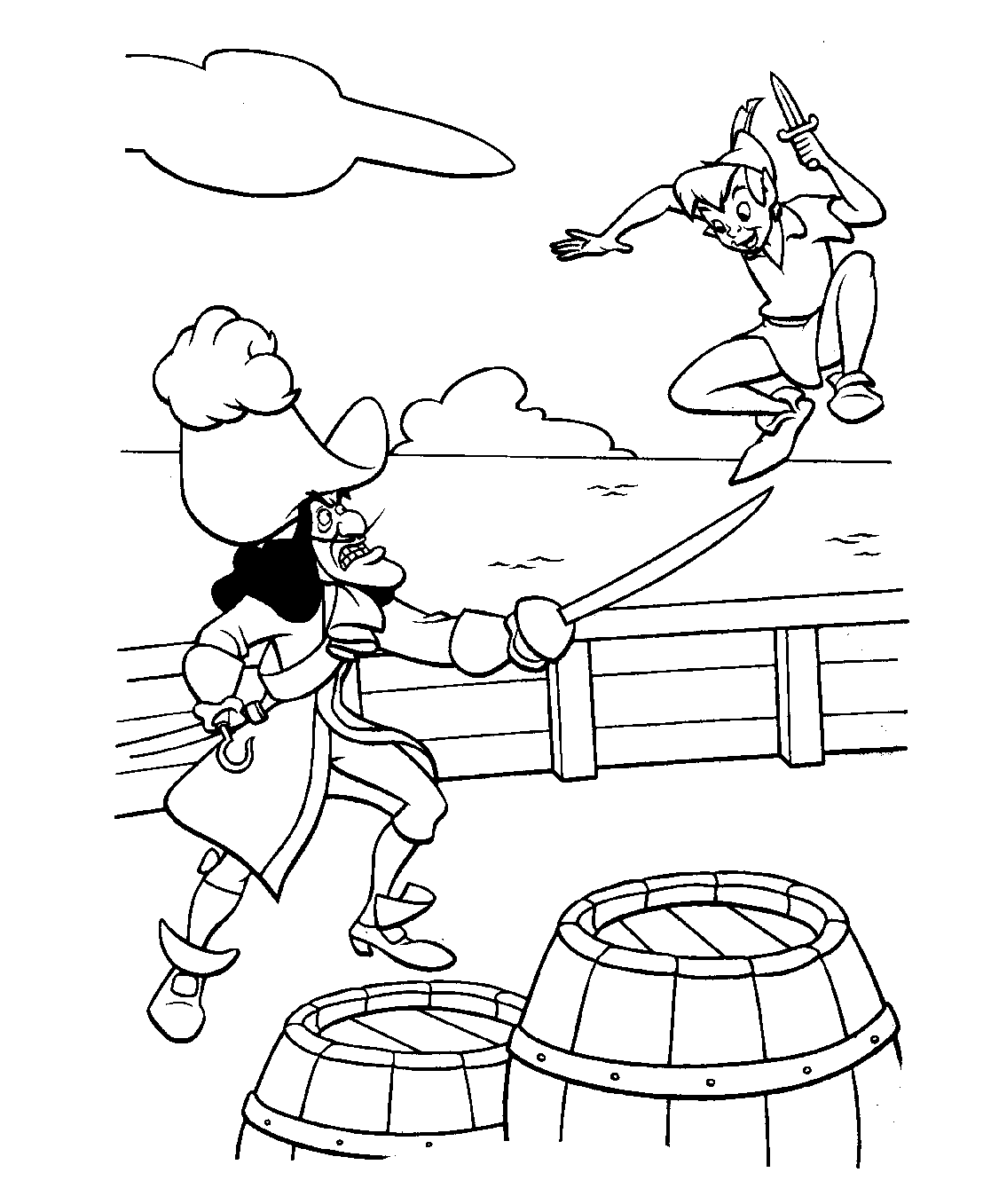 Página para colorir do Capitão Gancho a lutar com o Peter Pan!