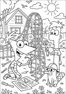Construção de uma montanha-russa divertida (Página de Phineas e Ferb Disney para colorir para crianças)