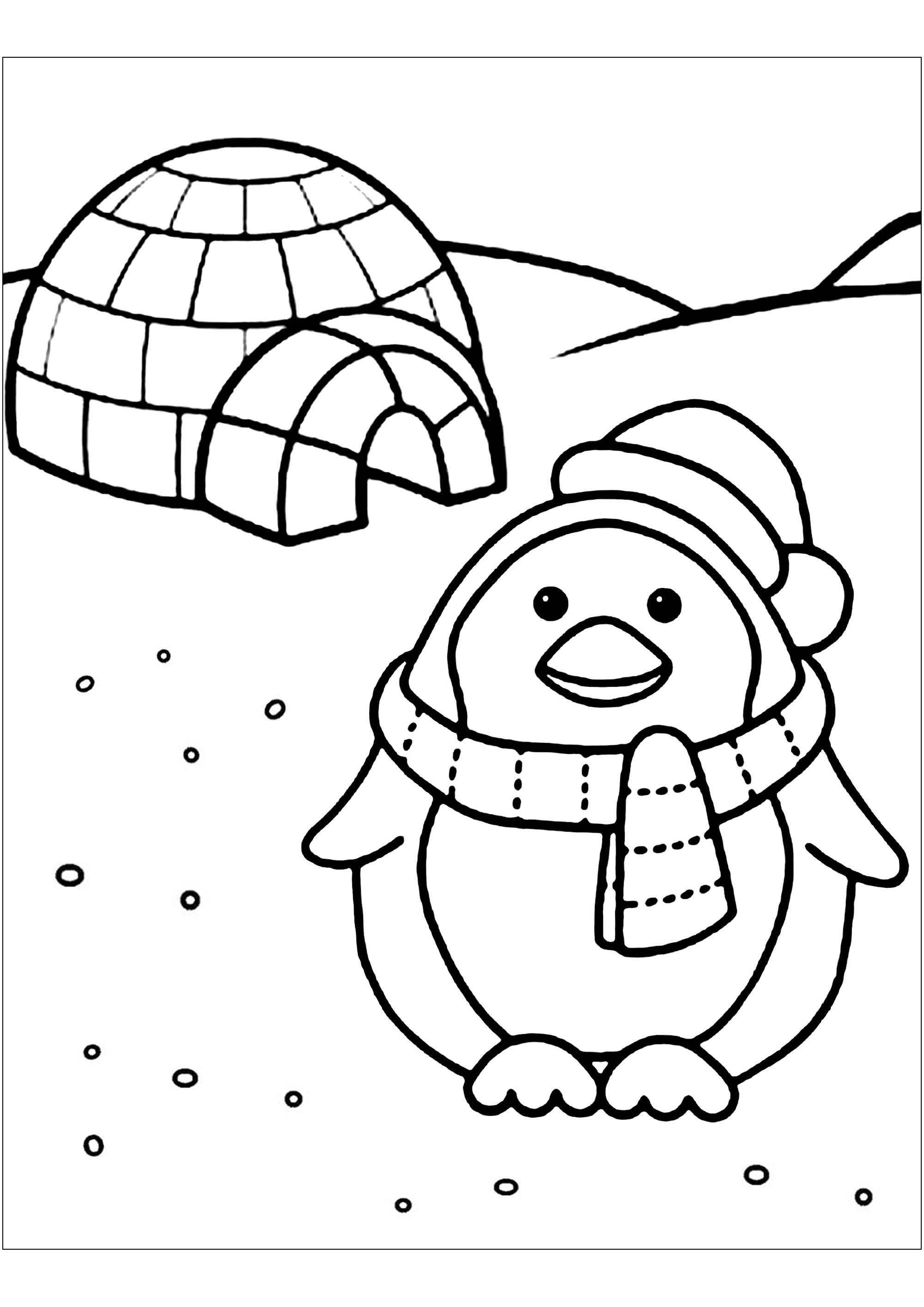Pintura simples de um pinguim e do seu pequeno iglu. À volta deste pequeno pinguim com um cachecol há flocos de neve, que também podes colorir.