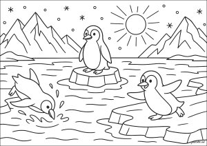 Aventura ensolarada dos pequenos Pinguins (Página para colorir para crianças)