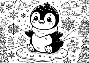Página de Pinguins para colorir e imprimir para crianças : Pequeno pinguim numa paisagem de neve