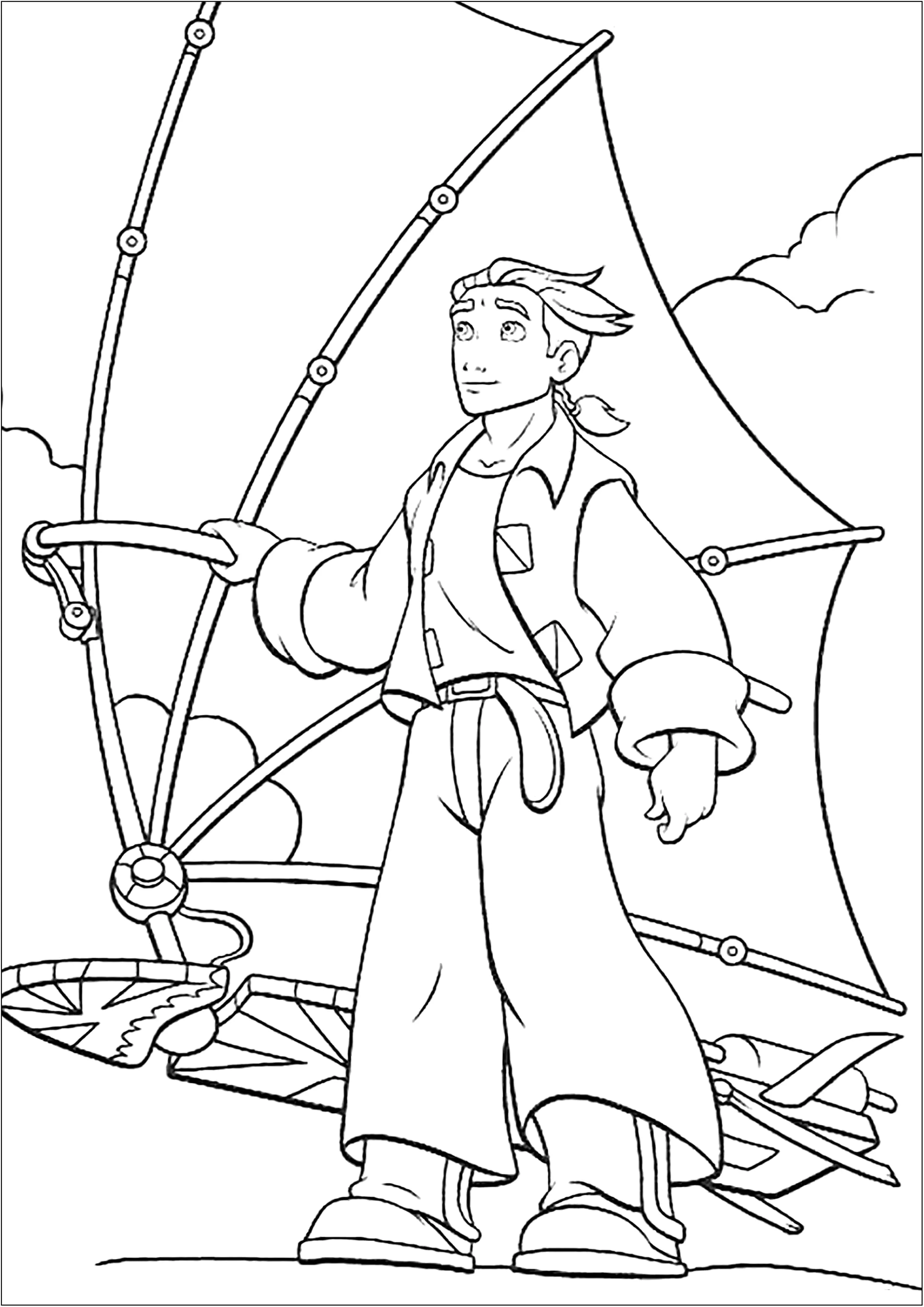 Cabelo de Jim Hawkins ao vento (Página de Planeta do Tesouro para colorir e imprimir para crianças)