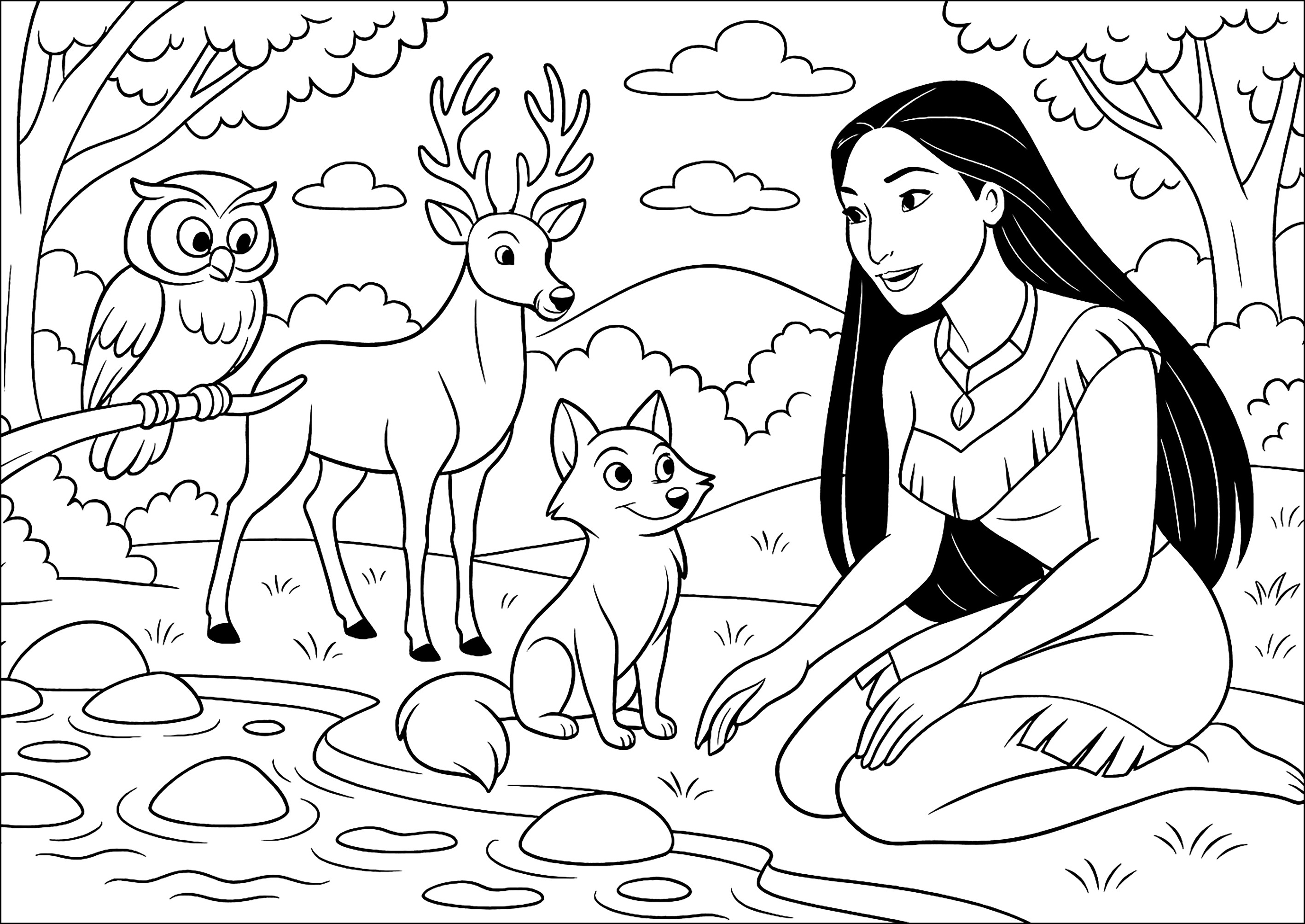 Pocahontas e seus amigos animais à beira d'água - Páginas de Pocahontas  para colorir para crianças, image size:2834x2006
