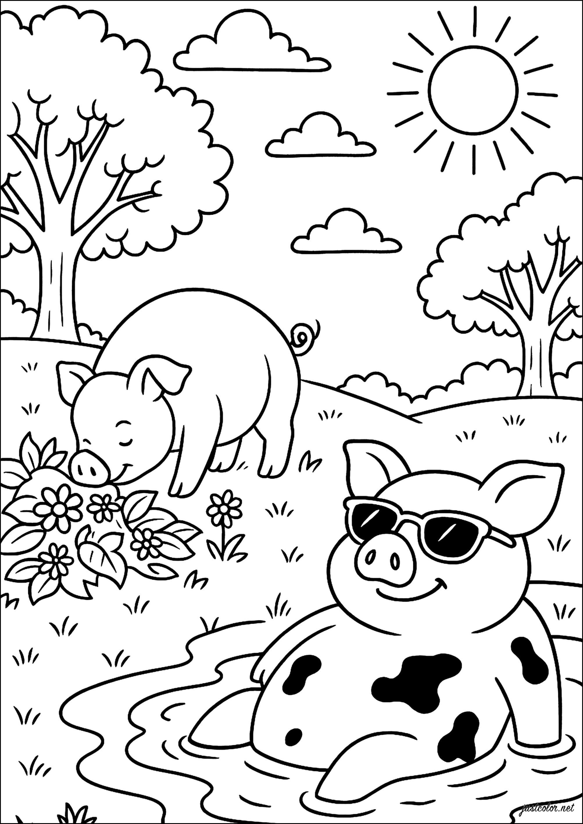 Relaxação suína sob o sol (Página de Porcos para colorir e imprimir para crianças)