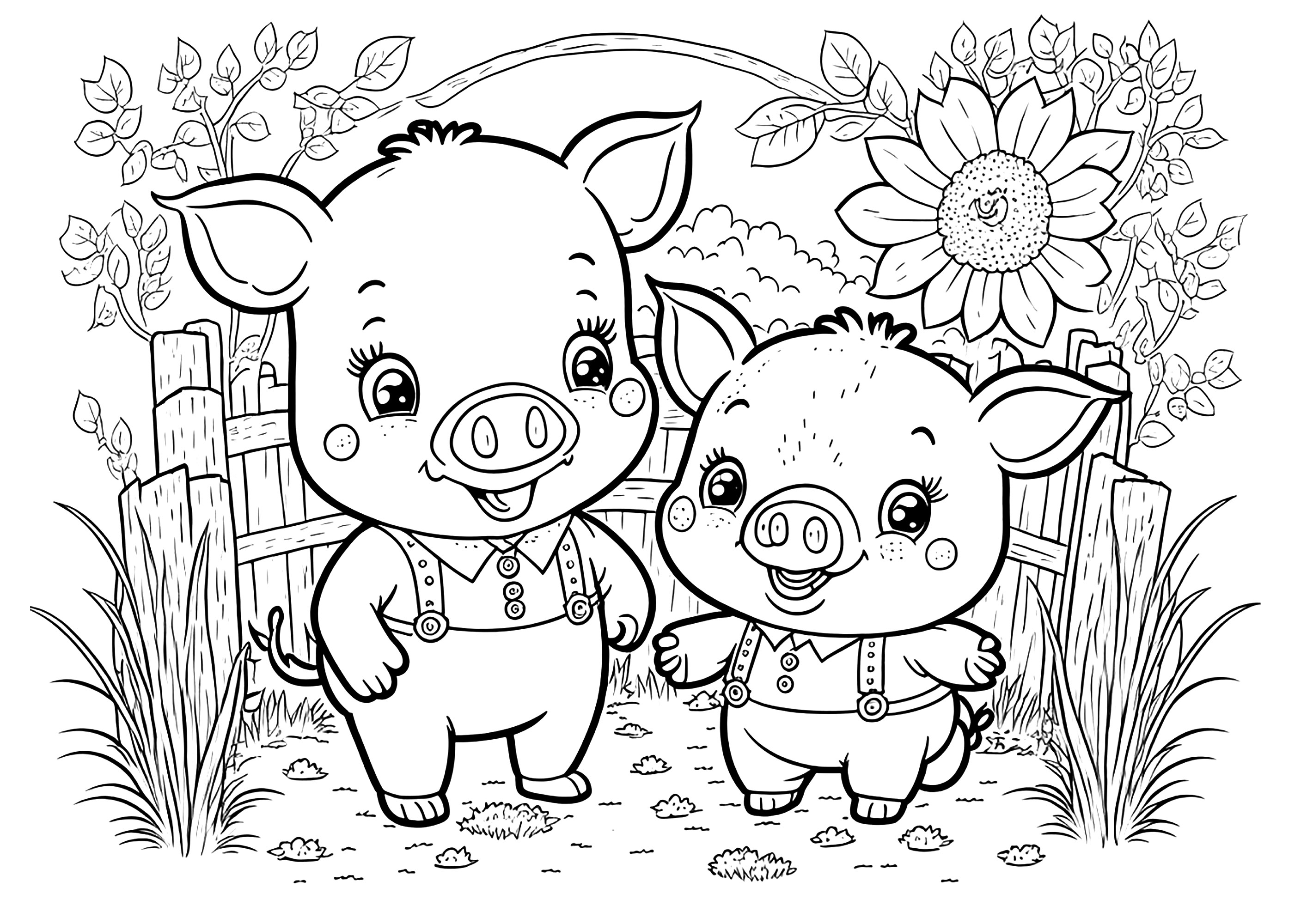 Dois Porcos amigáveis para colorir em