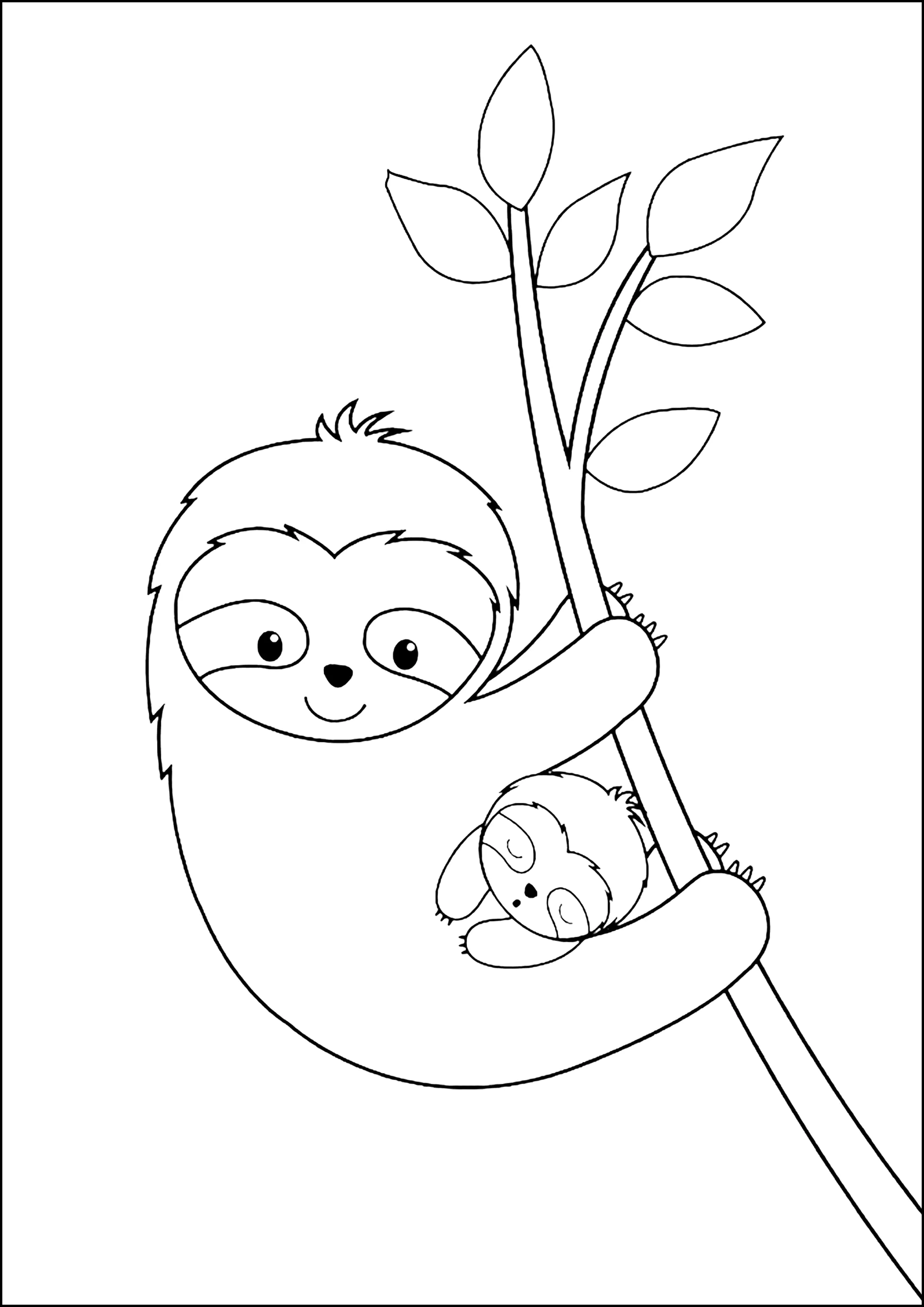 Preguiça num ramo com o seu filho (Página para colorir e imprimir para crianças)
