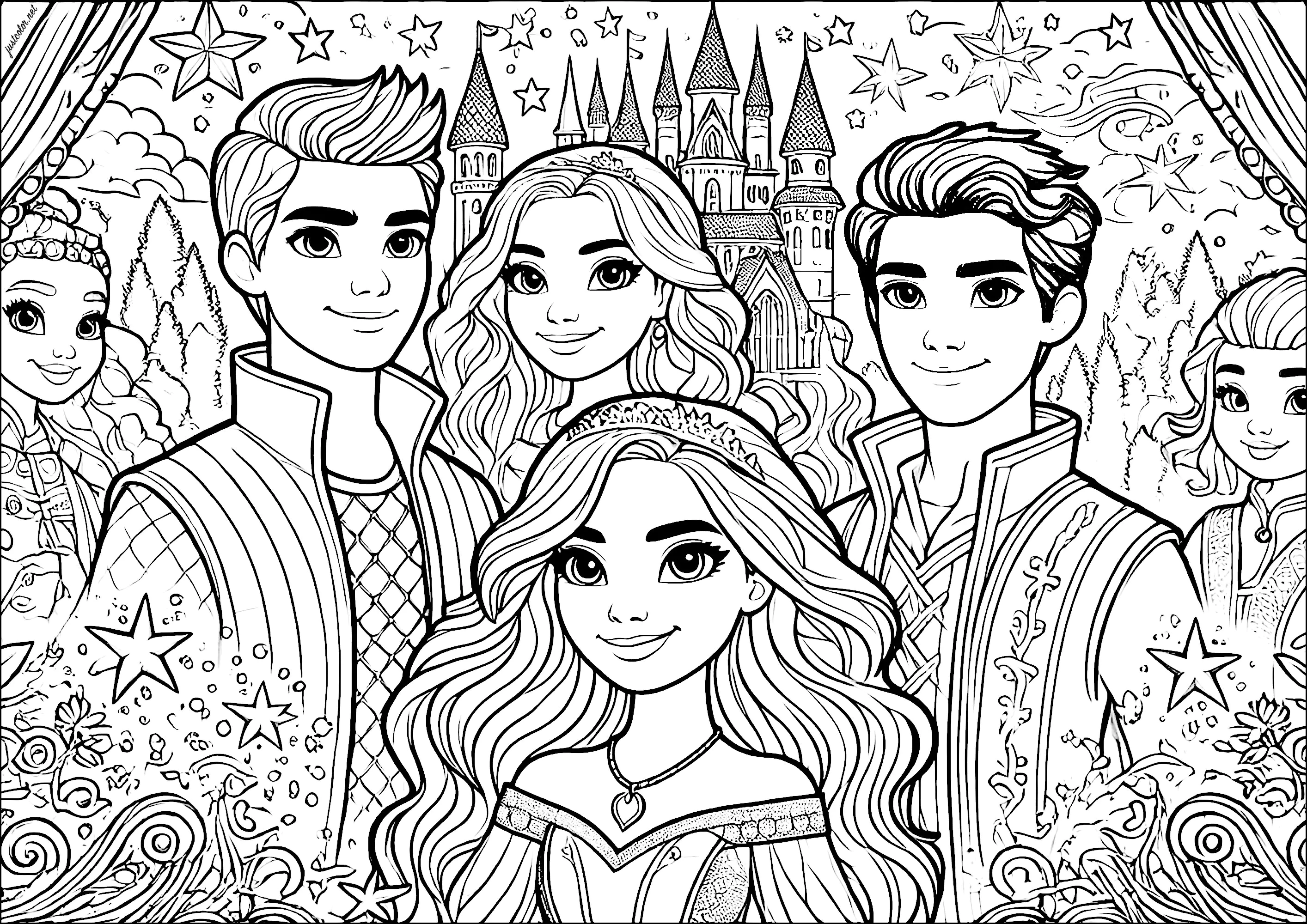 Príncipes e príncipes modernos com um castelo em fundo (Página de Princesas para colorir e imprimir para crianças)