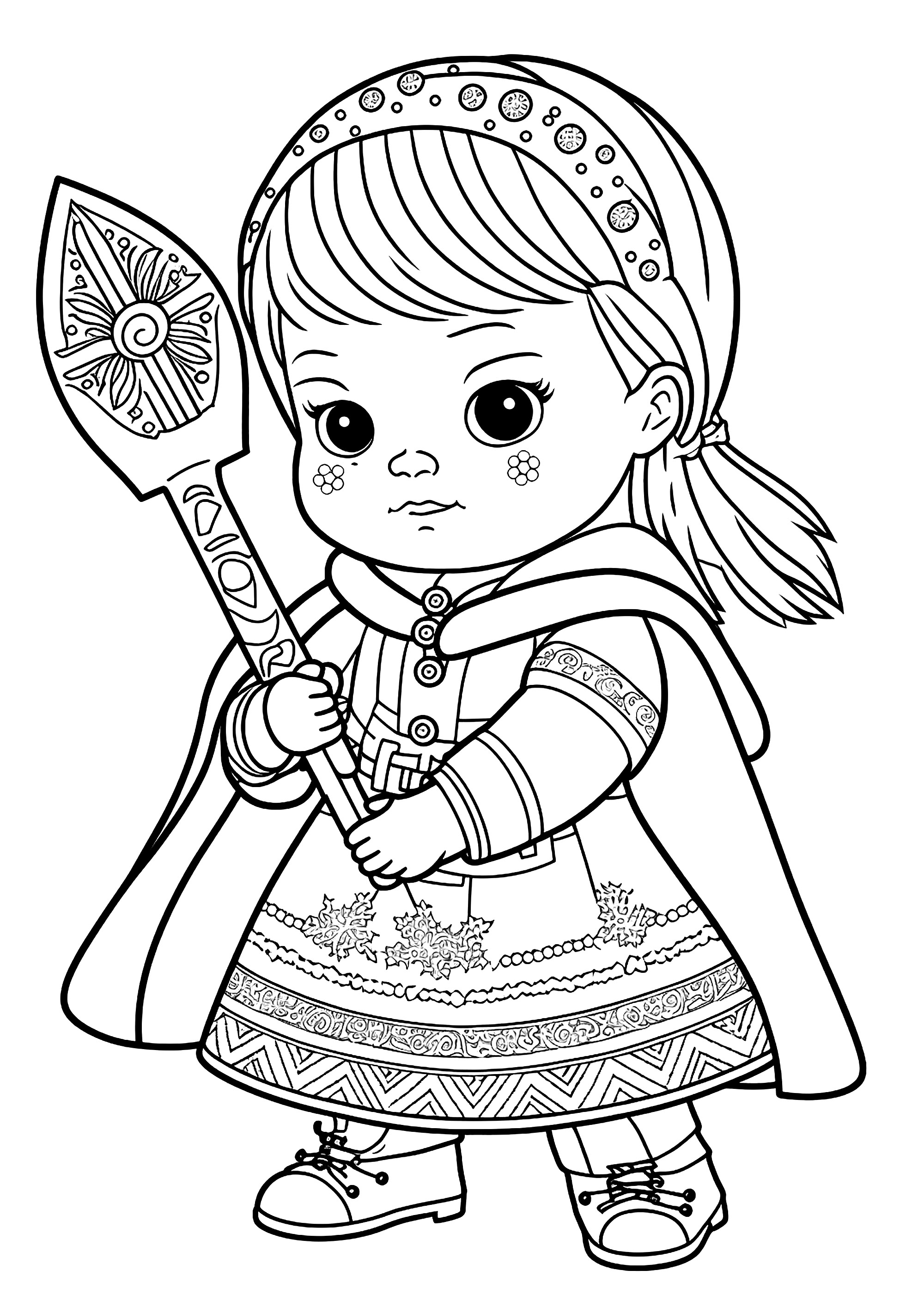 Uma pequena princesa Viking, que parece muito corajosa com o seu ceptro lindamente decorado. Esta página de coloração é perfeita para crianças que gostam de aventuras e histórias sobre Princesas. A pequena princesa Viking é muito corajosa e carrega orgulhosamente o seu ceptro lindamente decorado.