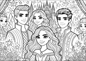 Página de Princesas para colorir e imprimir para crianças : Príncipes e príncipes modernos com um castelo em fundo
