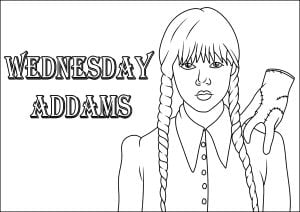Página de Wandinha para colorir e imprimir para crianças : Quarta-feira Addams com a Coisa ao ombro
