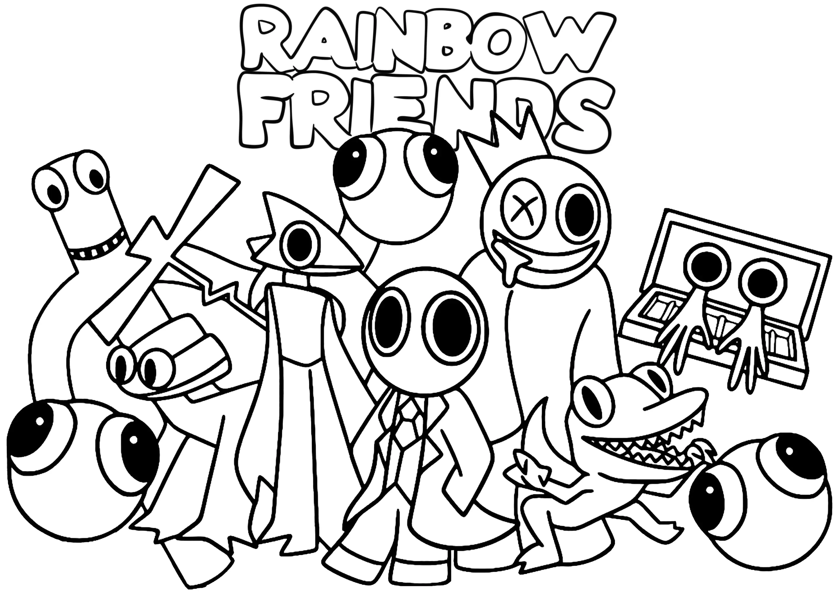 Diversos personagens Amigos do Arco-Íris (Página de Rainbow friends para colorir e imprimir para crianças)