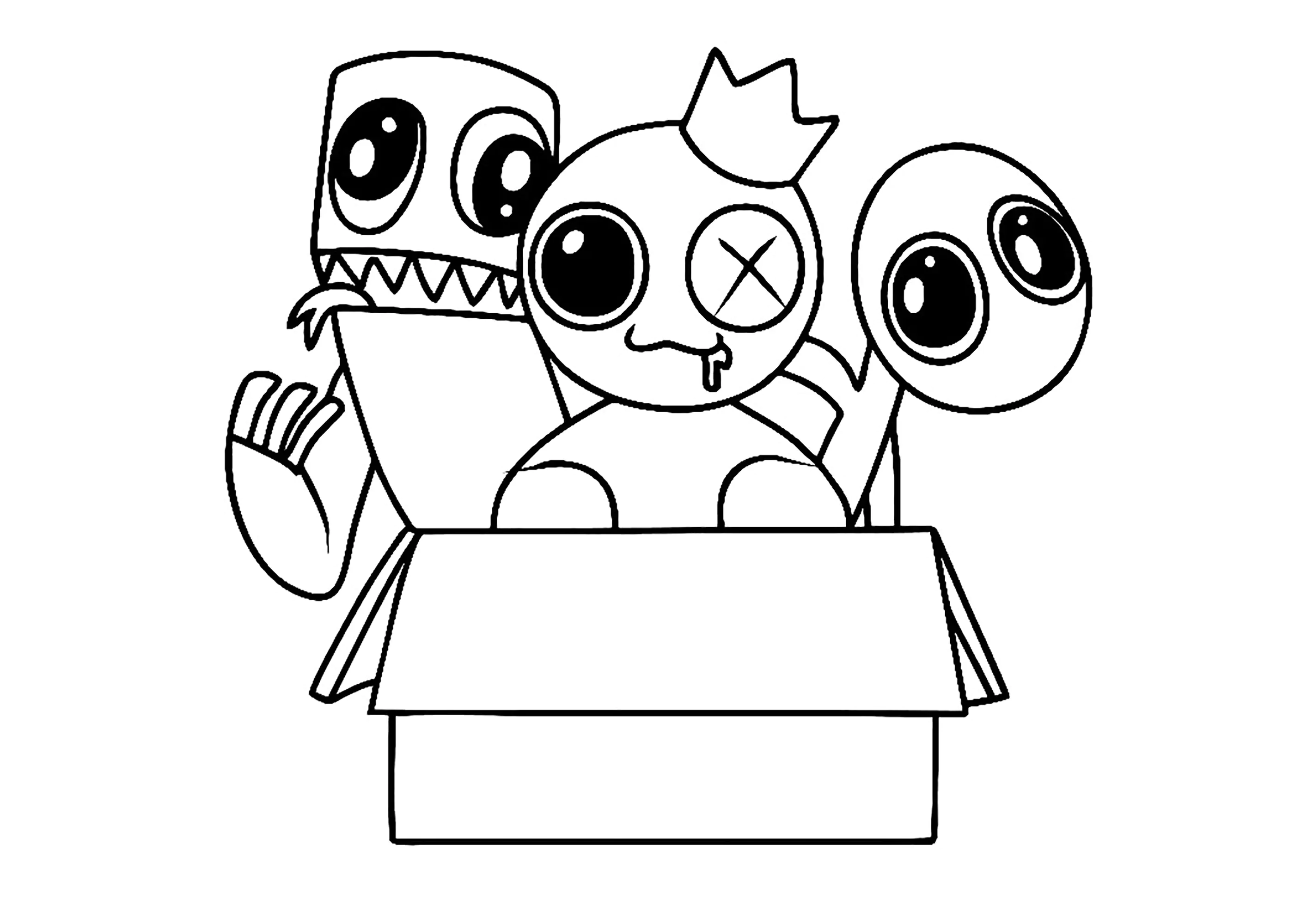 Personagens dos Amigos do Arco-Íris a sair de uma caixa (Página de Rainbow friends para colorir e imprimir para crianças)
