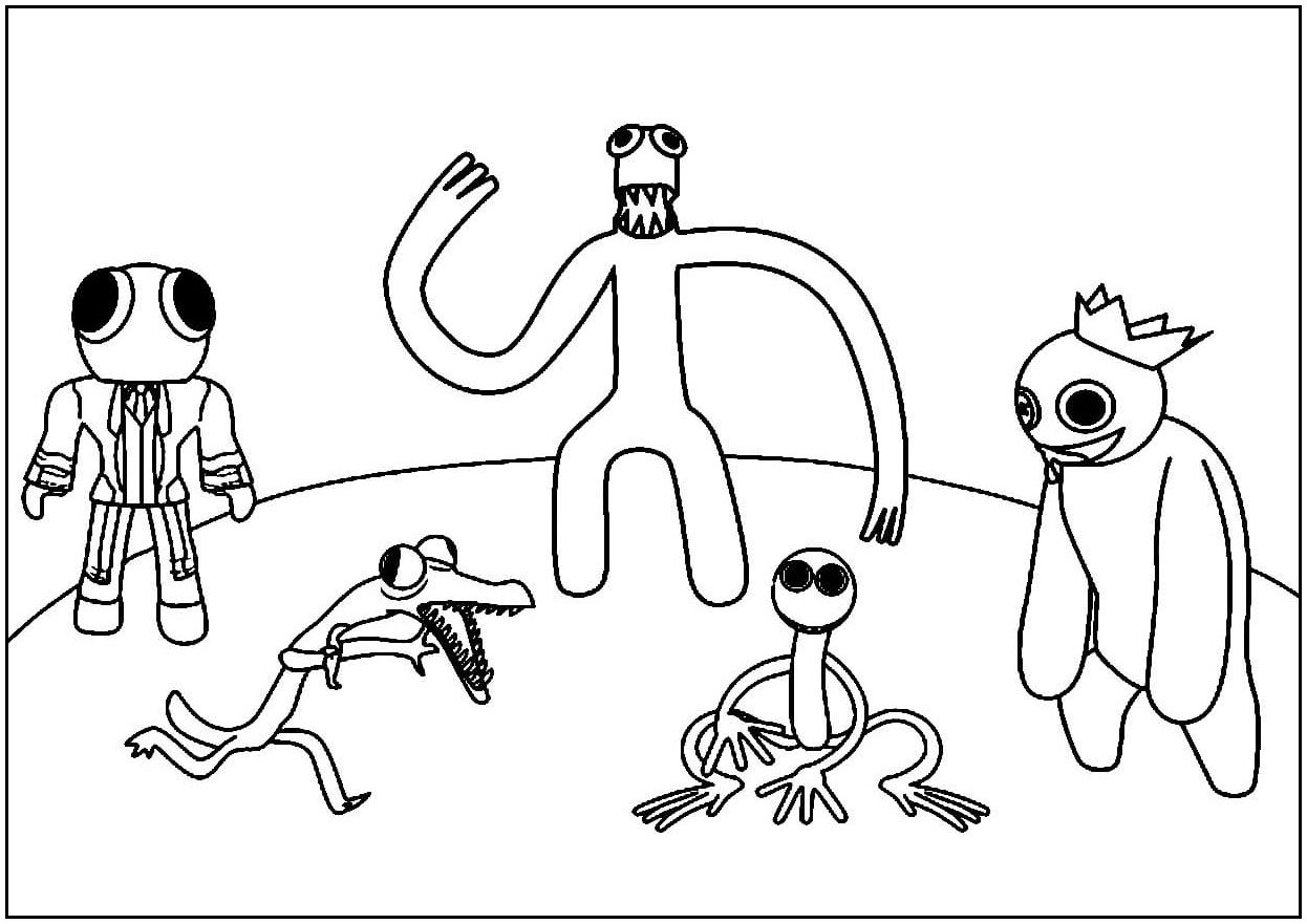 Cinco personagens dos Amigos do Arco-Íris (Página de Rainbow friends para colorir para crianças) Cinco personagens dos Amigos do Arco-Íris (Página de Rainbow friends para colorir e imprimir para crianças)