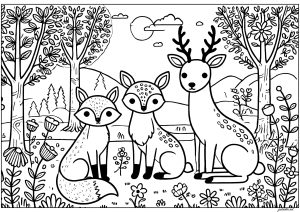 Página de para colorir e imprimir para crianças : Raposa e os seus amigos: um cervo e um veado