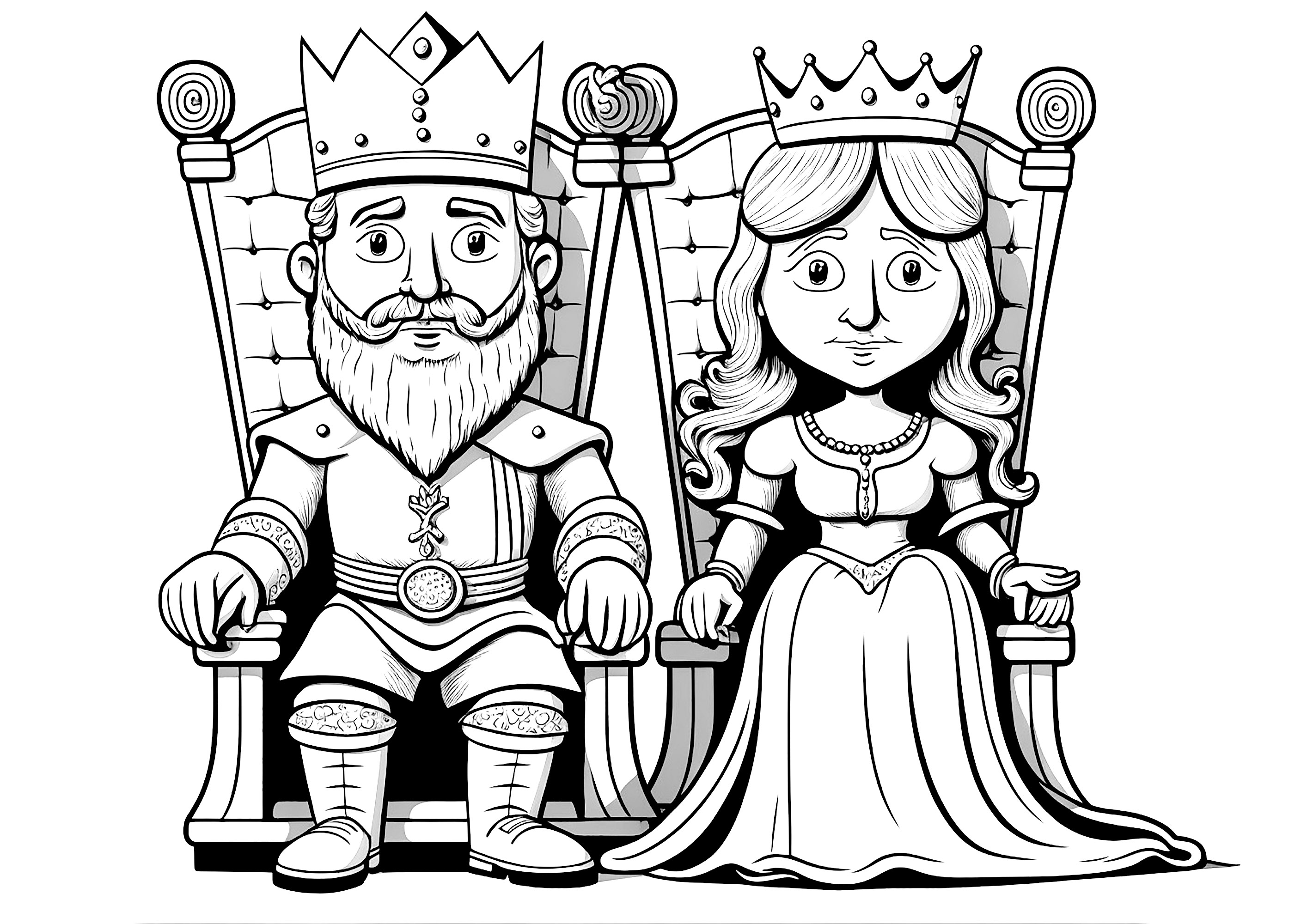 Casal real sentado nos seus tronos reais, parecendo muito sério
