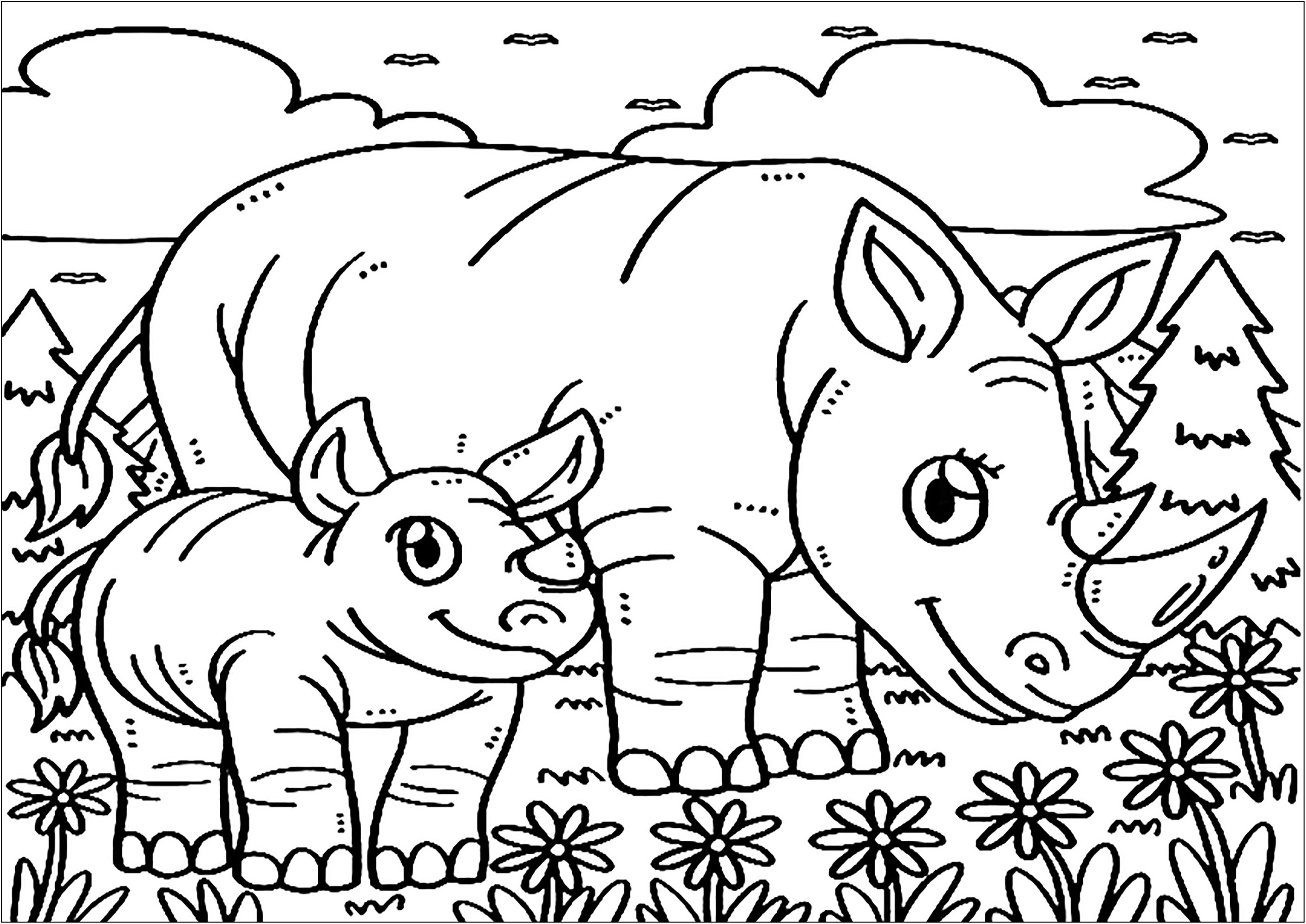 Dois Rinoceronte. Uma bonita página para colorir com muitos pormenores para colorir: paisagem, flores, nuvens...