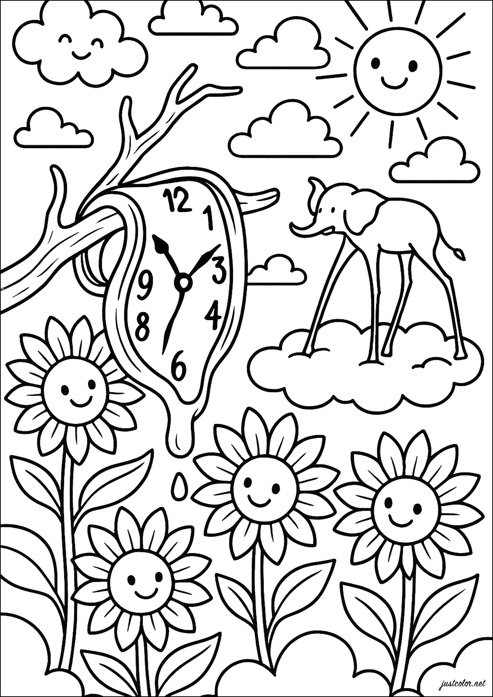 Desenho inspirado no mundo de Salvador Dalí (Página para colorir e imprimir para crianças)