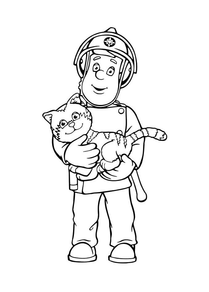 Desenho de Sam, o bombeiro com um gato