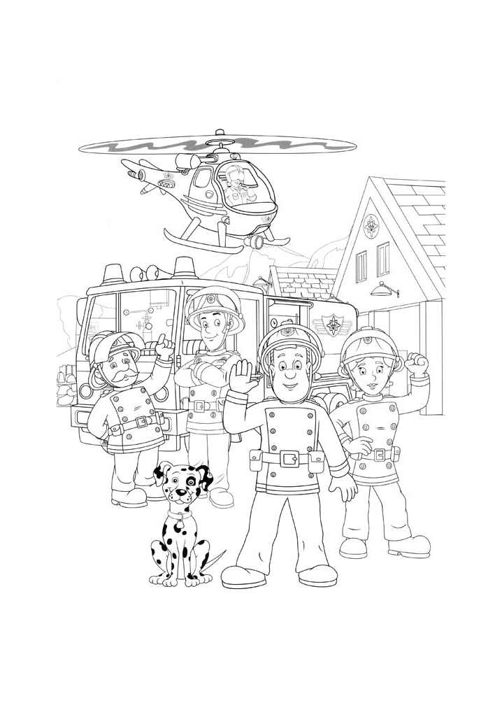 Desenho de Sam, o bombeiro com os seus colegas para imprimir