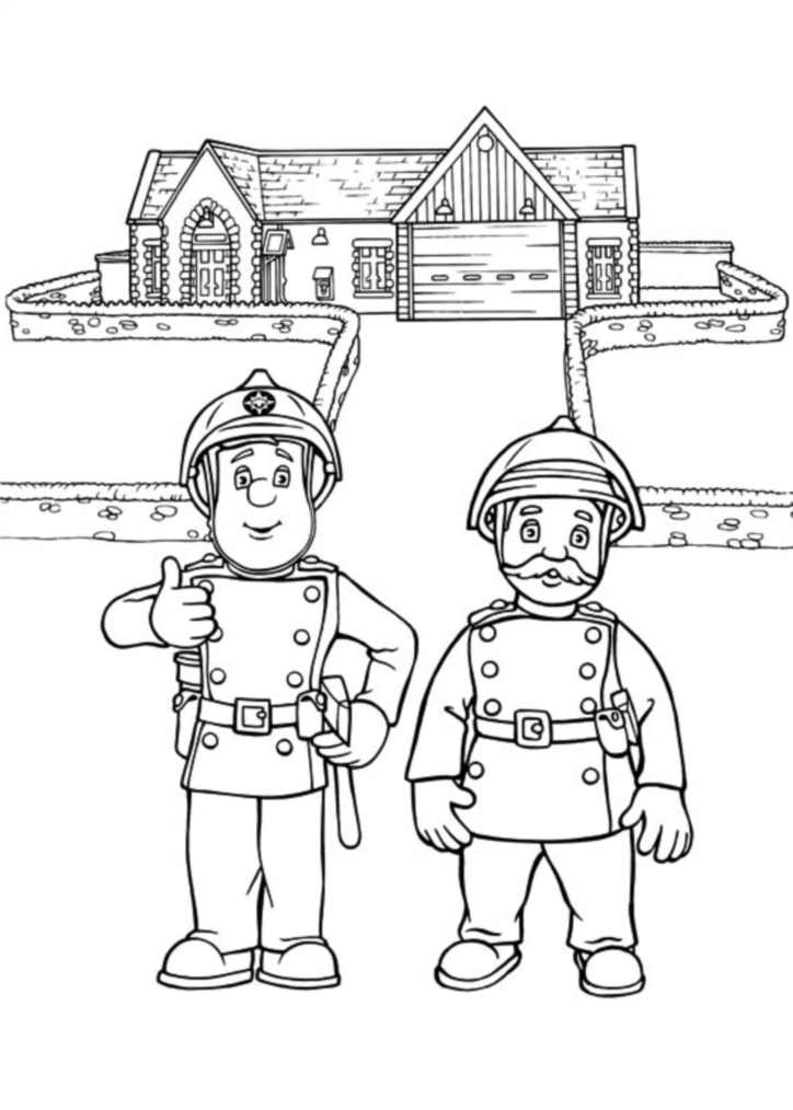 Páginas coloridas de 2 bombeiros da série Sam, o bombeiro