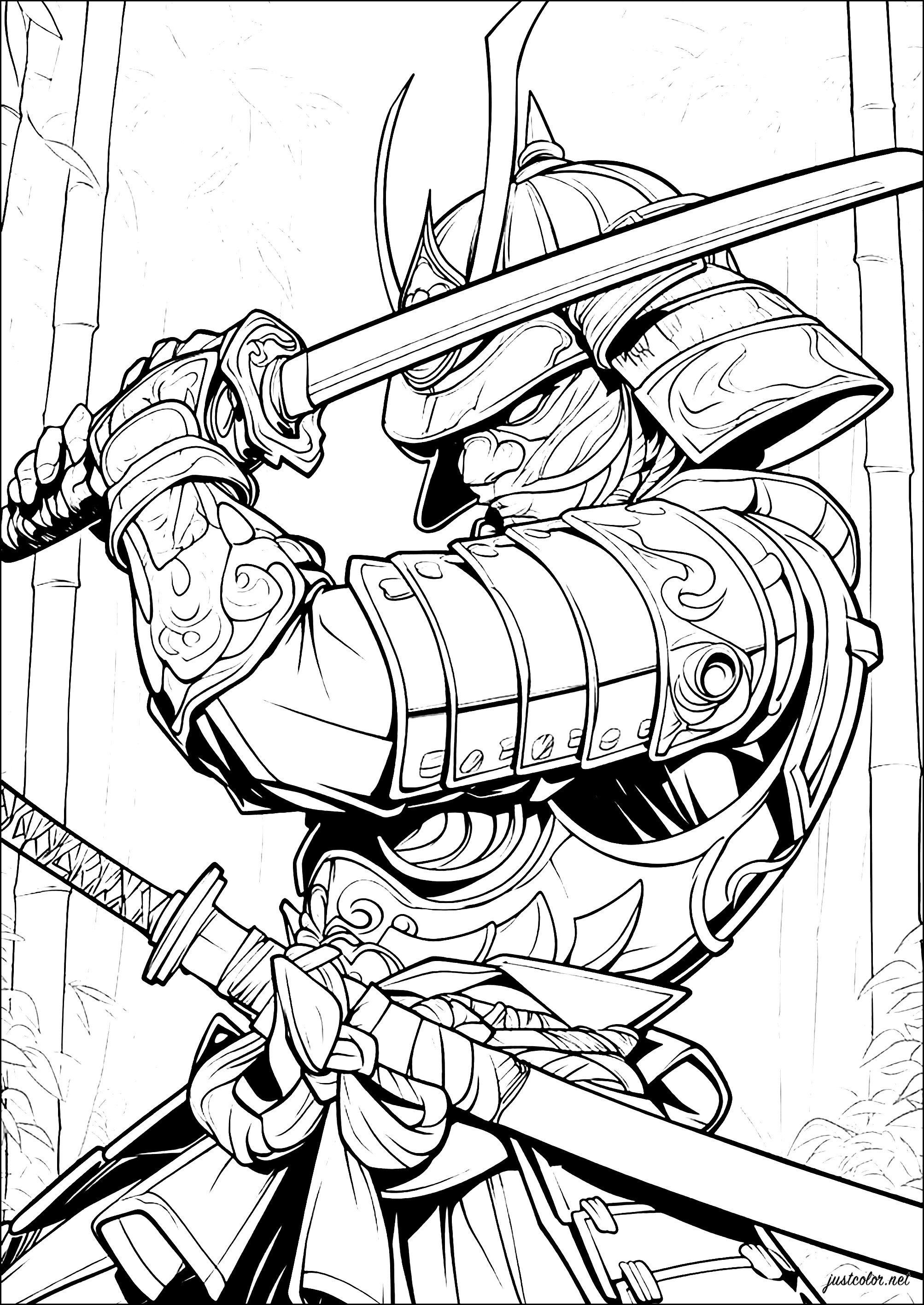Guerreiro samurai na floresta - Páginas de Samurai para colorir para  crianças, image size:2006x2834
