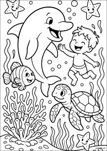 Aventura subaquática do golfinho (Página de Sea creatures para colorir para crianças)