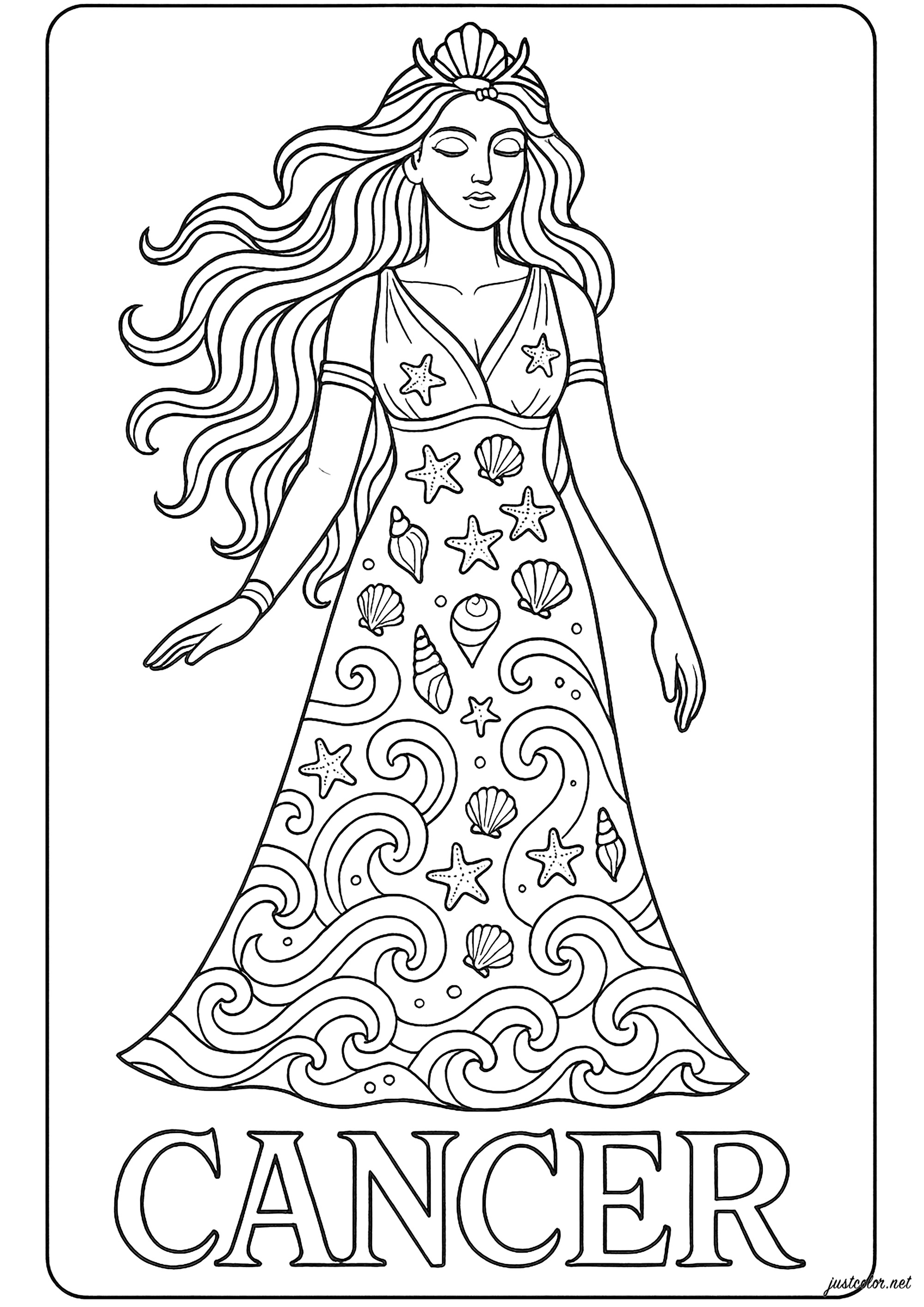 Signo de Câncer representado por uma mulher - Páginas de signos do zodíaco  para colorir para crianças, image size:2000x2828