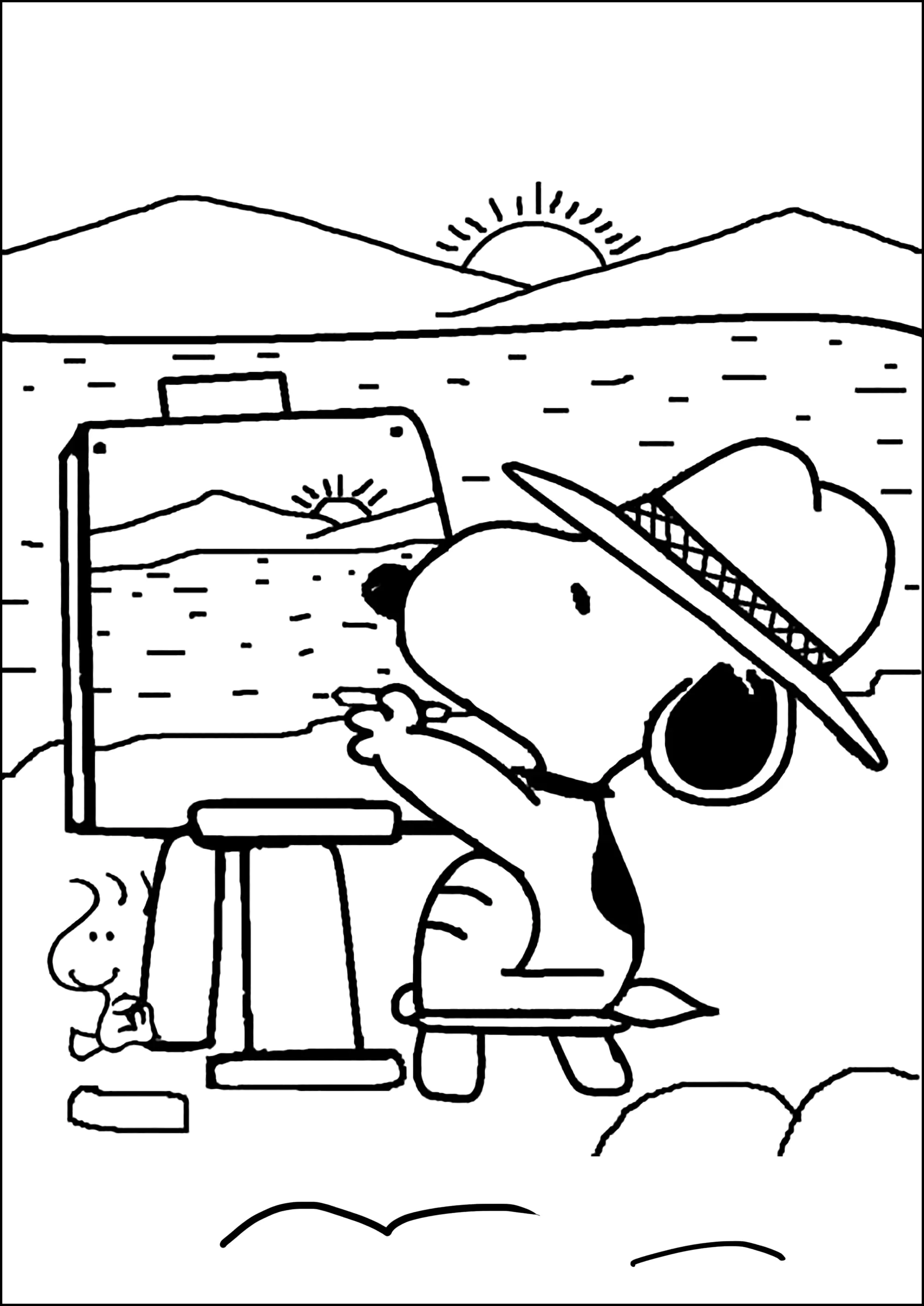 Snoopy, o pintor muito talentoso (Página para colorir e imprimir para crianças)