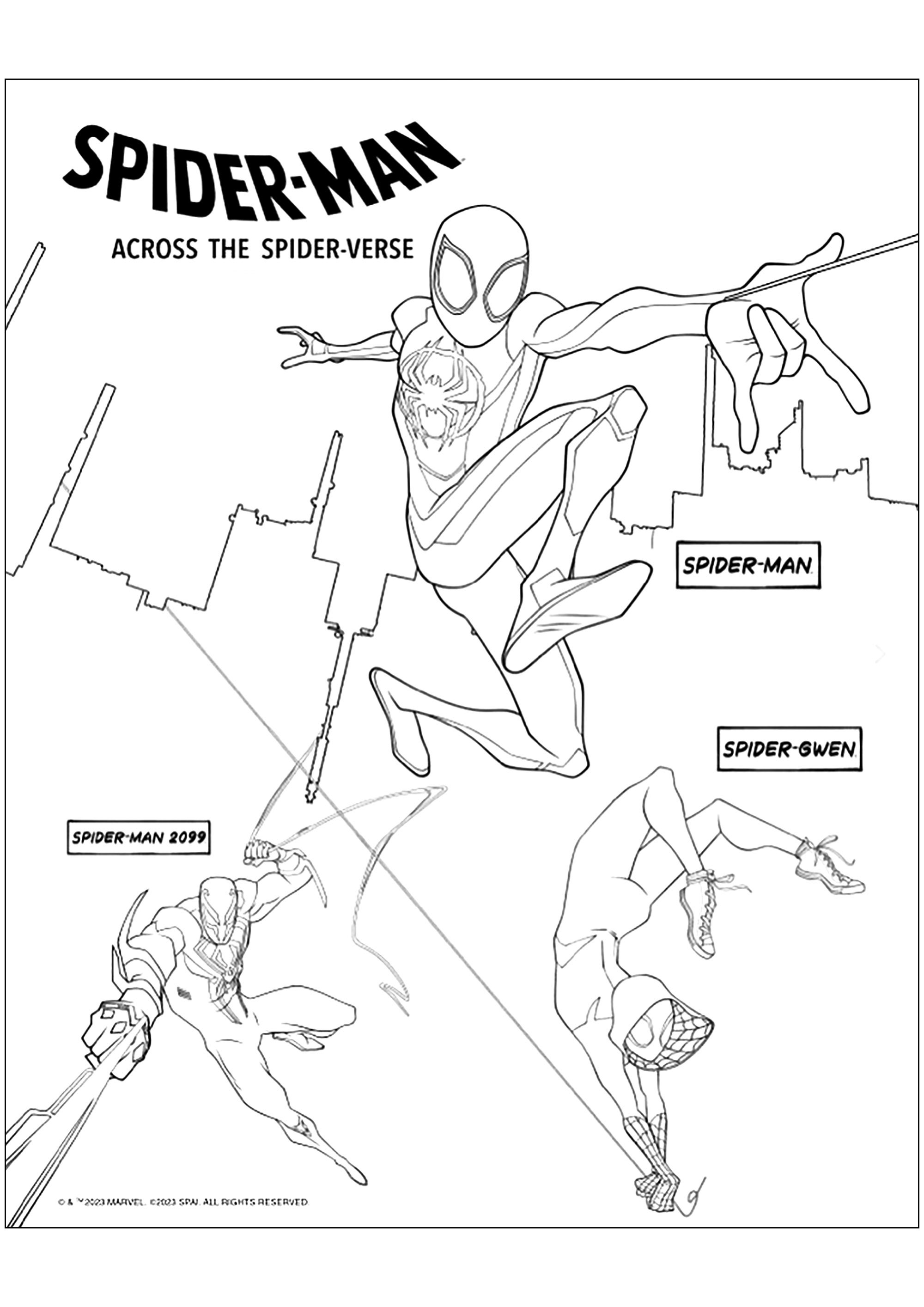 Personagens de Spider-Man Across the Spider Verse. Homem-Aranha, Gwen-Aranha (Ghost-Spider) e Homem-Aranha 2099