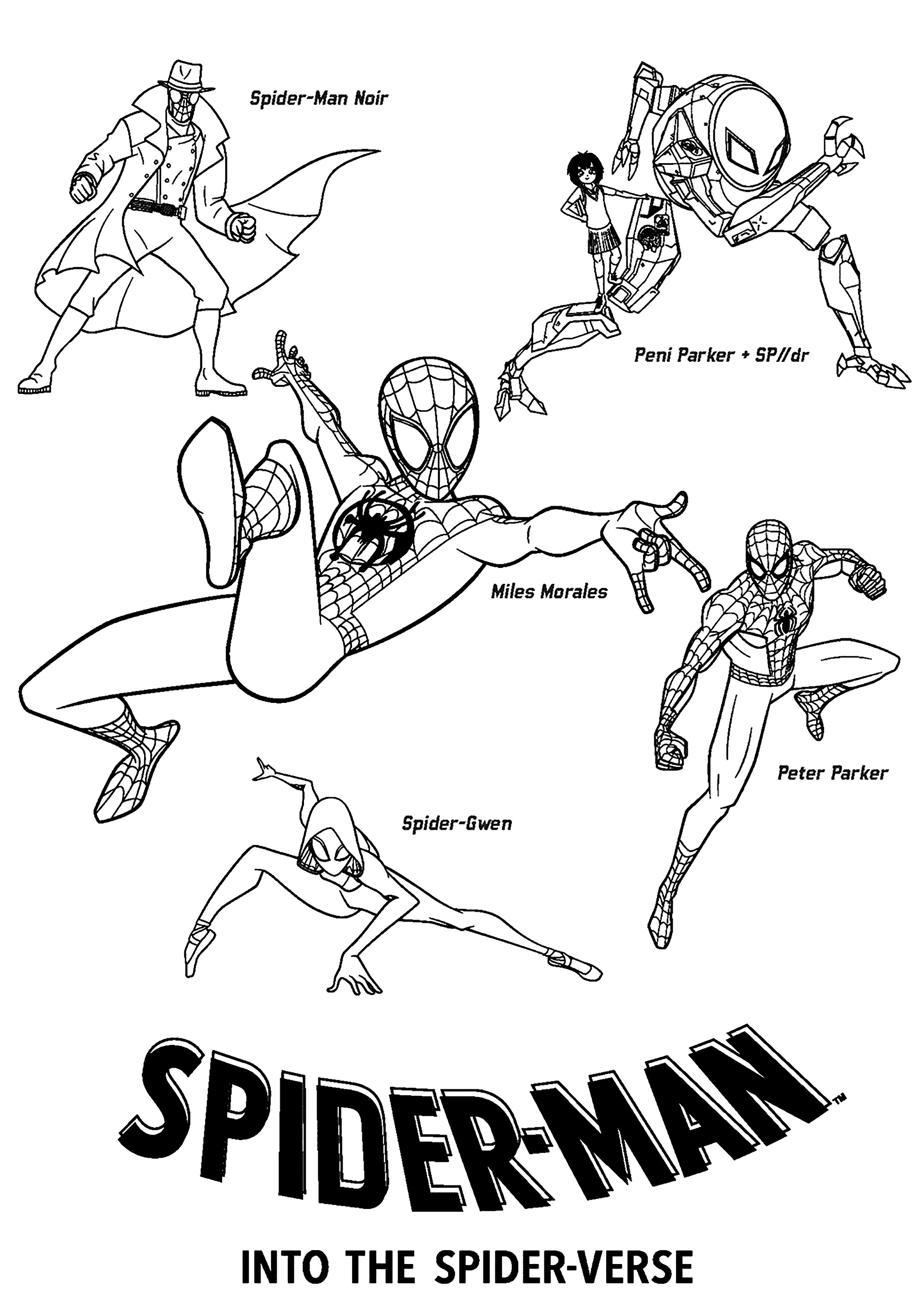 Spider-Man into the Spider Verse : Personagens. Spider-Gwen, Homem-Aranha (Peter Parker e Mike Morales), Peni Parker SP//dr, Homem-Aranha Noir