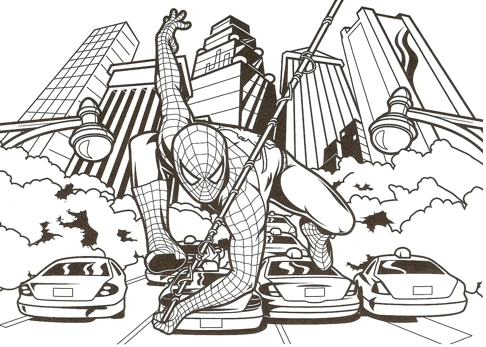 Em Nova Iorque, o Homem-Aranha luta contra os criminosos (Página de Spiderman para colorir e imprimir para crianças)