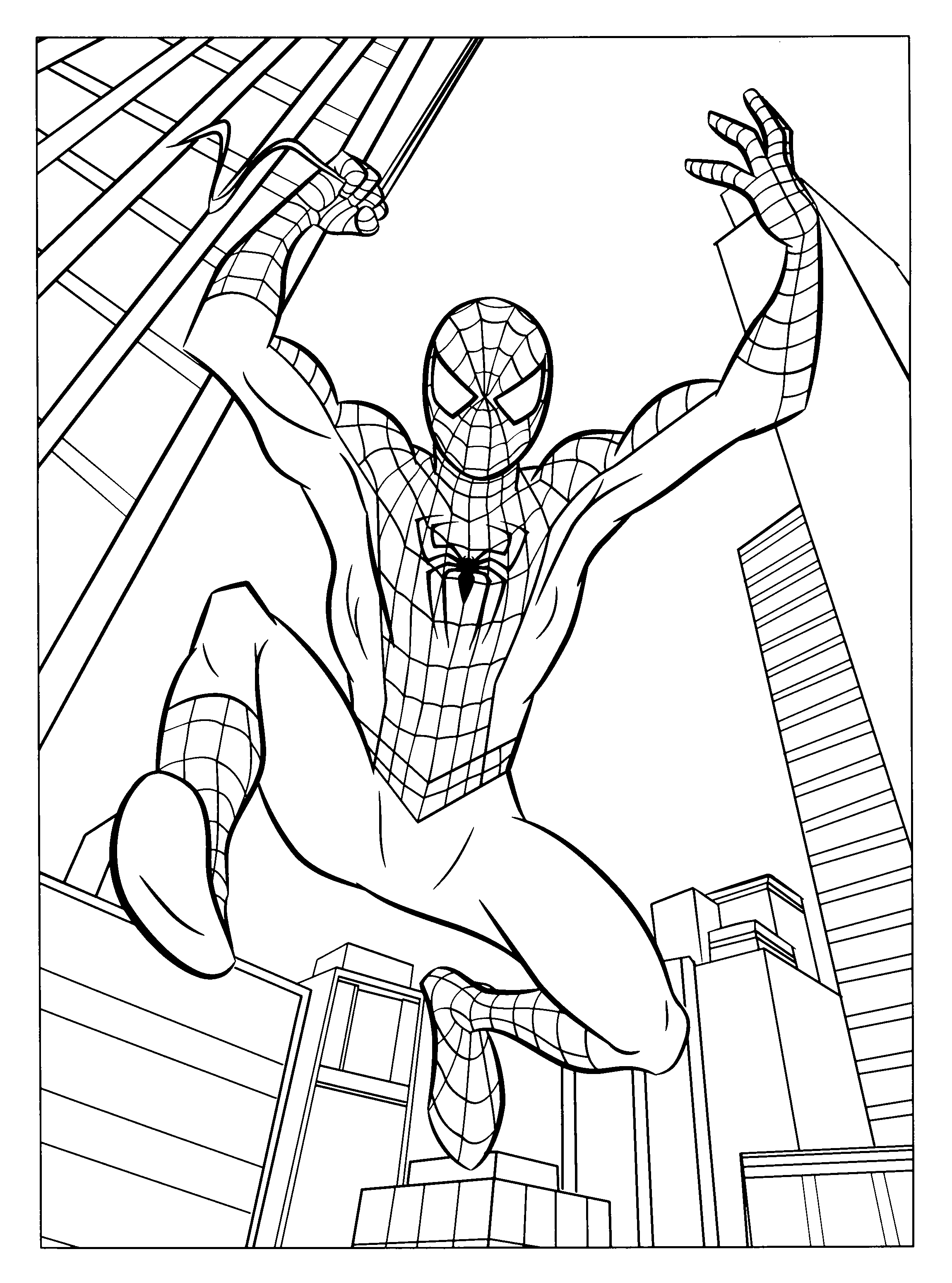 Homem-aranha salta através de edifícios