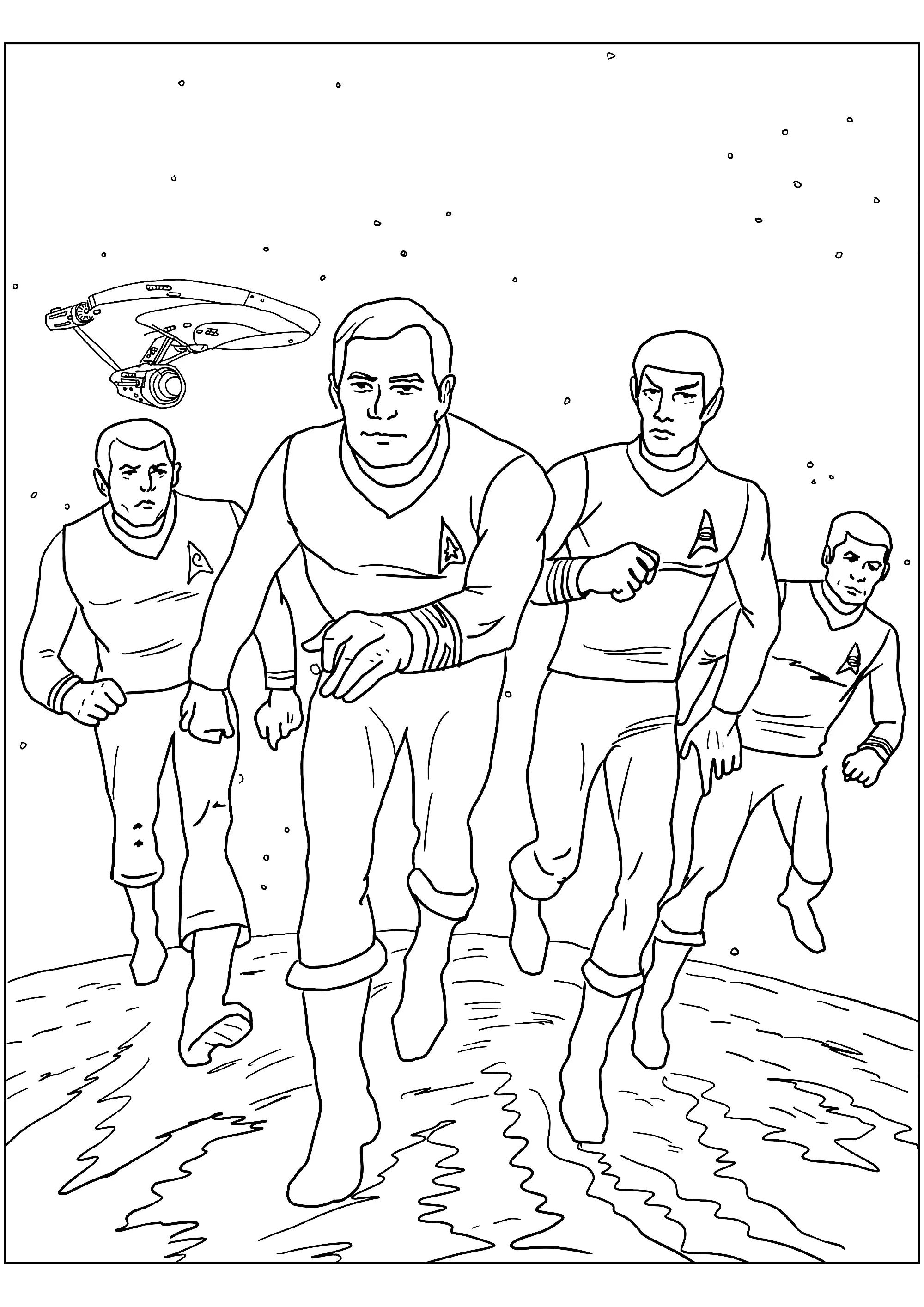 Várias personagens, incluindo Spock e Kirk (Página de Star Trek para colorir e imprimir para crianças)