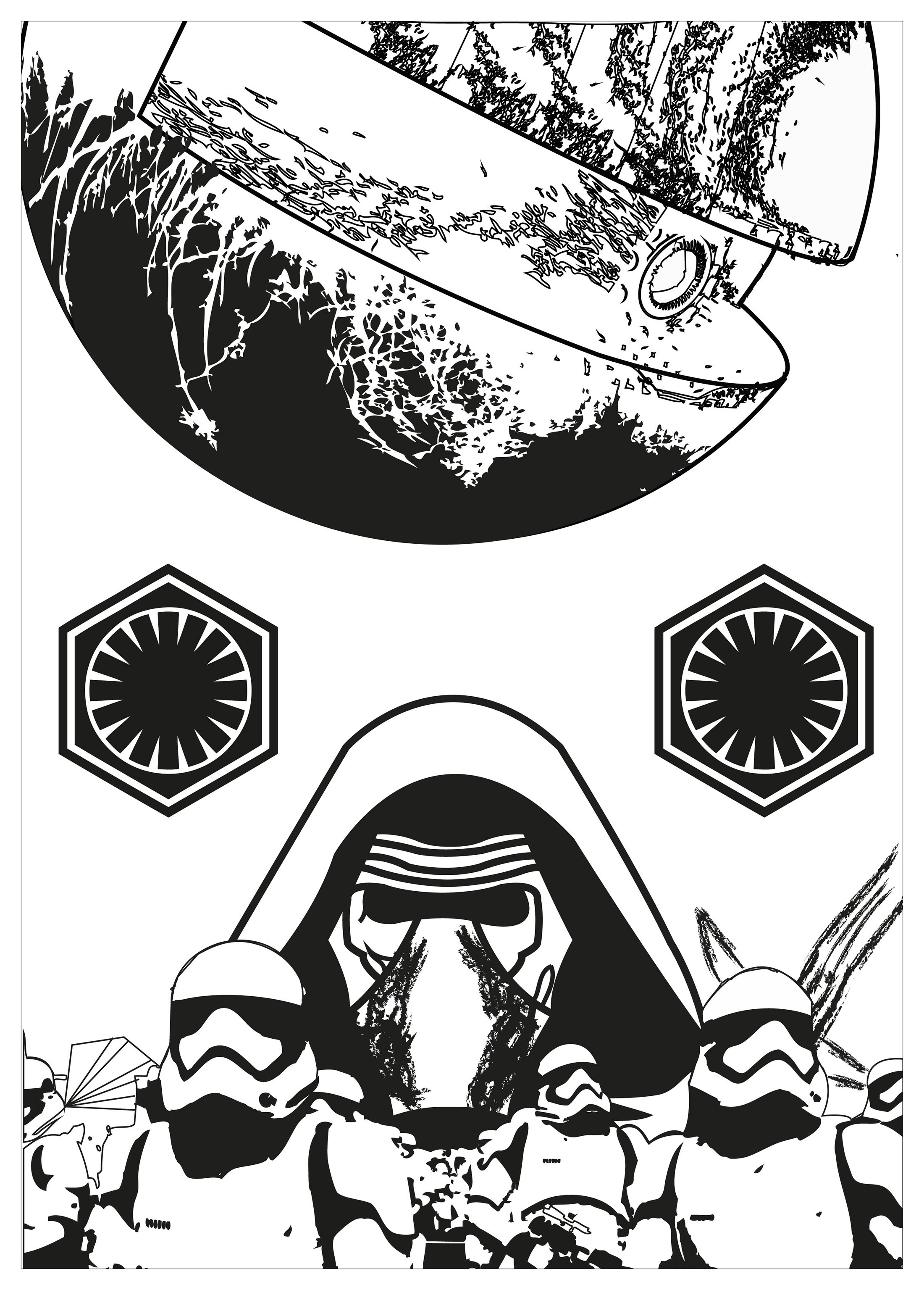 Uma página para colorir inspirada na Guerra das Estrelas, com a Estrela Negra, os Stormtroopers e o malvado Kylo Ren