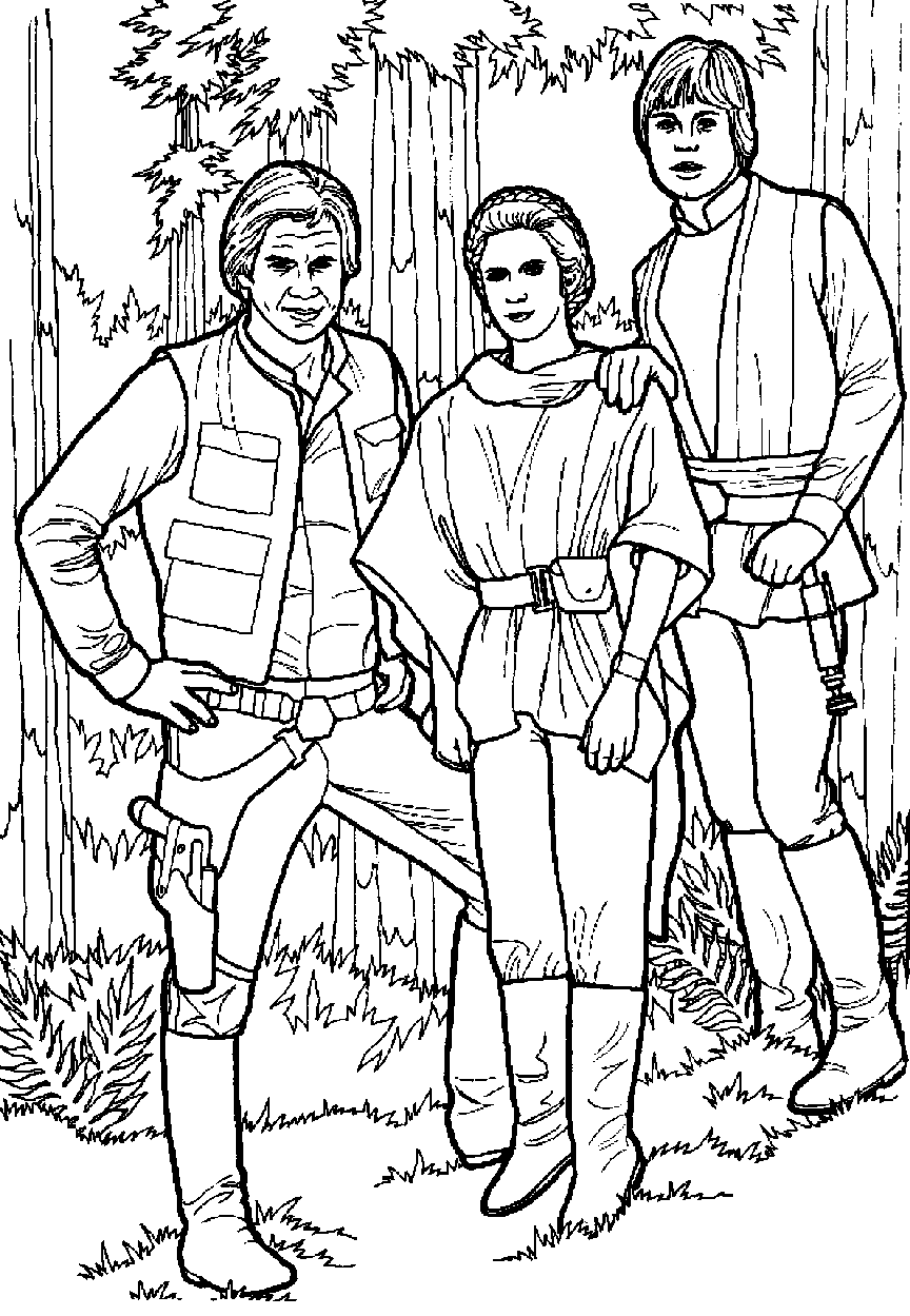 Páginas para colorir de Han Solo, Princesa Leila e Luke Skywalger para imprimir e colorir