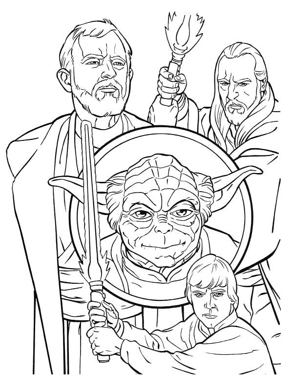 Yoda com Obi Wan , Qui Gon Jinn e Luke Skywalker, para uma magnífica página para colorir da Guerra das Estrelas!