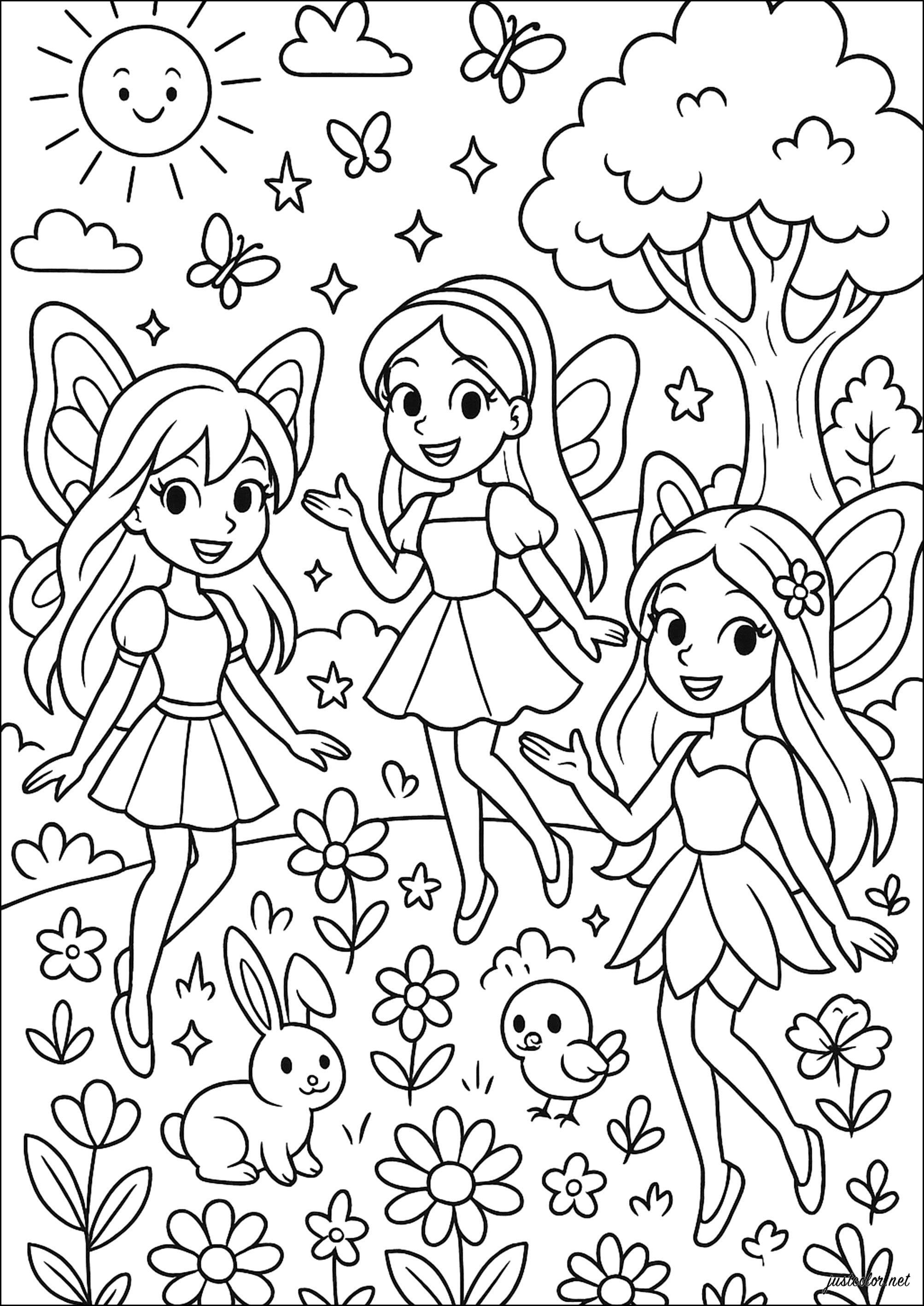 Fadas no jardim encantado (Página de Tarifas para colorir e imprimir para crianças)