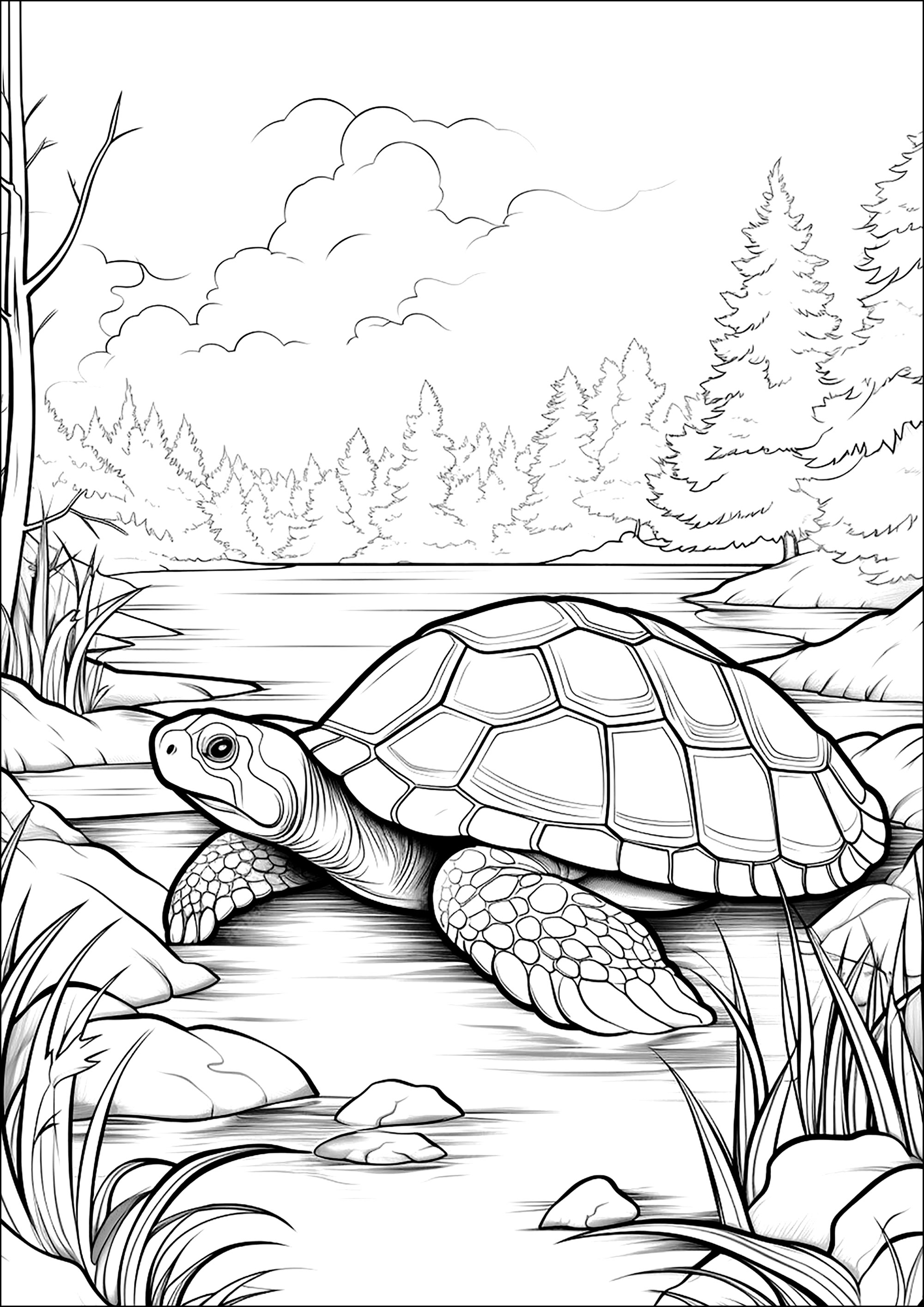 Linda tartaruga num passeio. Muitos pormenores para colorir no fundo