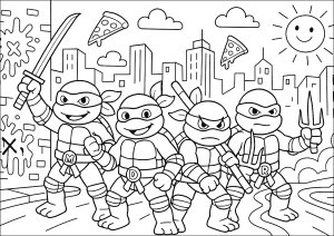 Heróis mascarados e fatias de pizza (Página de Tartarugas ninjas para colorir para crianças)
