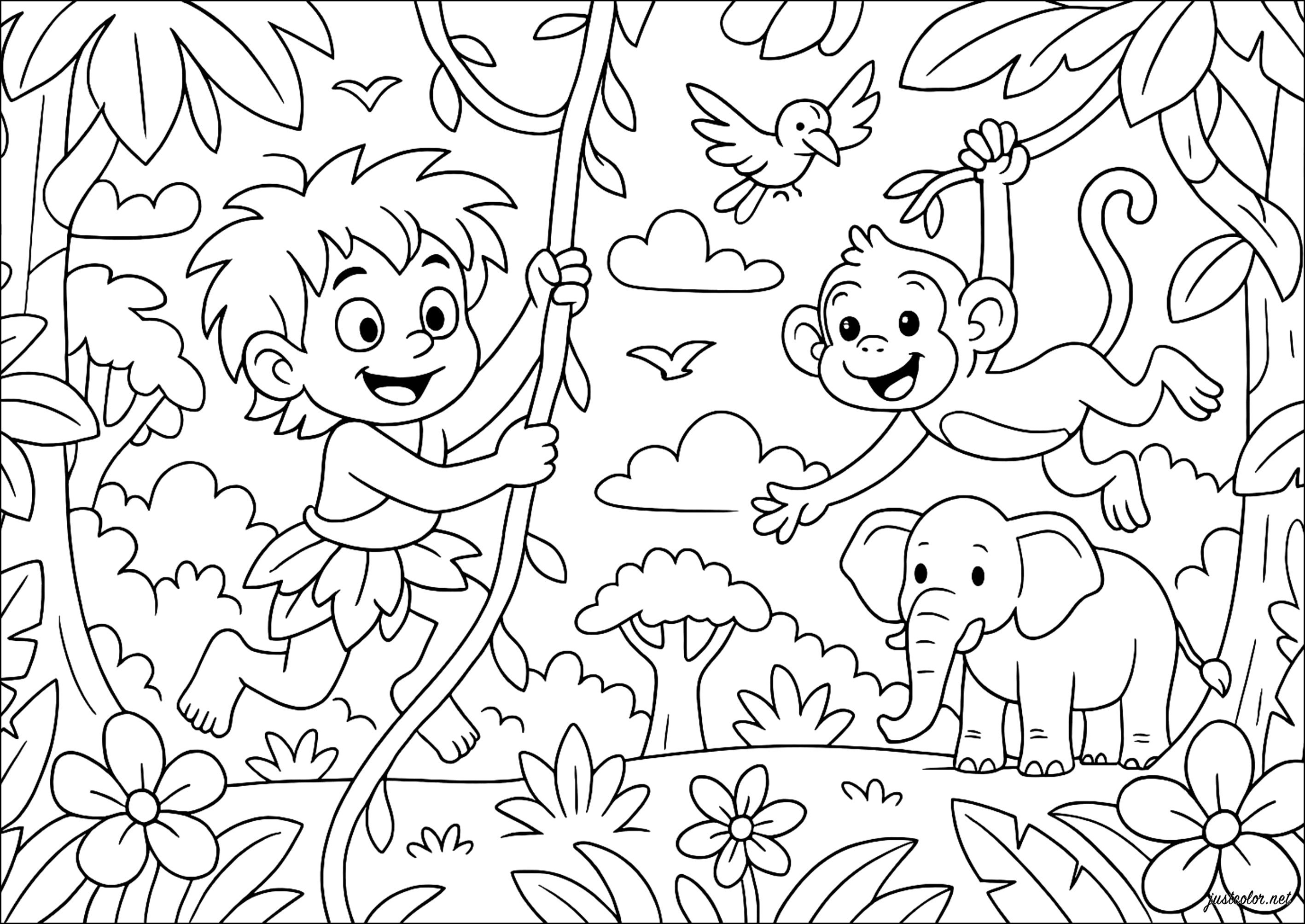 Aventura de Tarzã na selva (Página de Tarzan para colorir e imprimir para crianças)