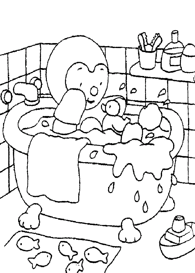 Coloração T'choupi no seu banho, com o seu pato flutuante