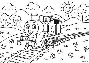 Locomotiva alegre nos trilhos (Página de Thomas e seus amigos para colorir para crianças)