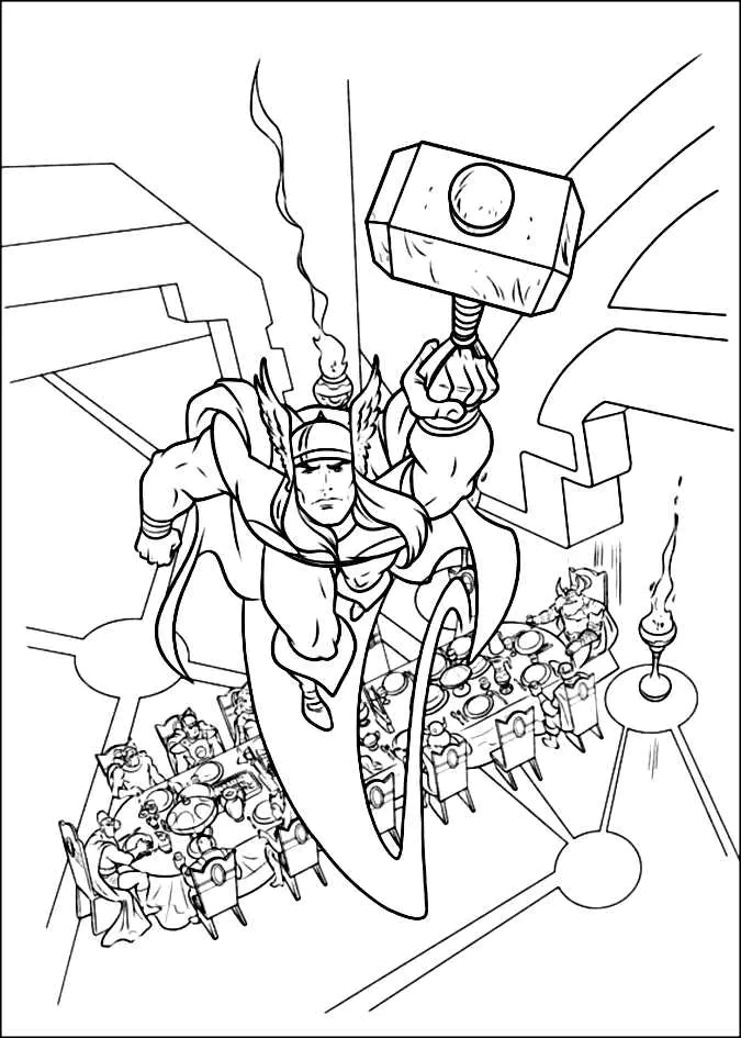 Thor em pleno voo graças a Mjöllnir (Página para colorir e imprimir para crianças)