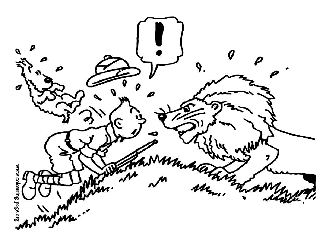 Imagem famosa do encontro de Tintin com um Leão